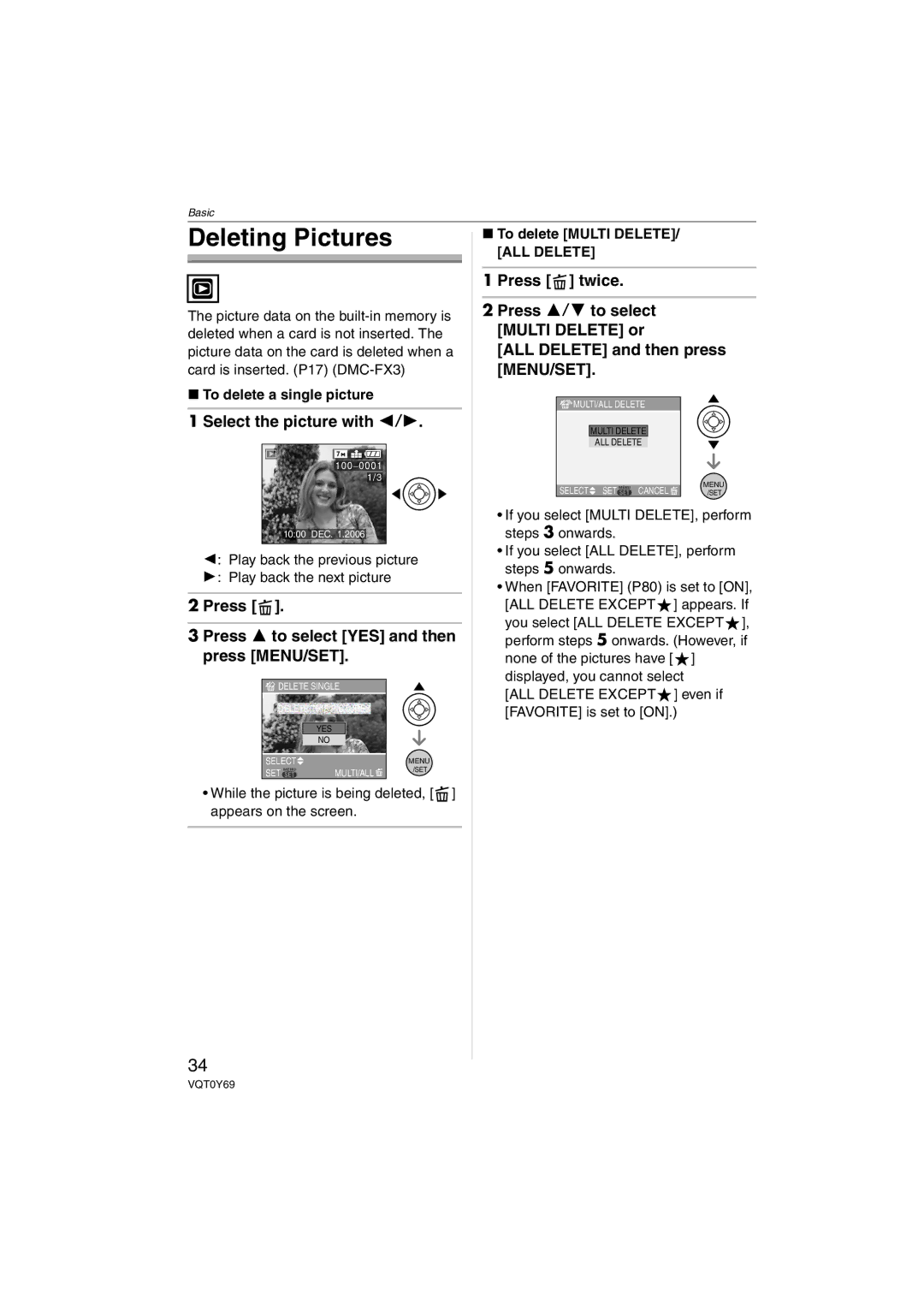 Panasonic VQT0Y69 Deleting Pictures, Select the picture with 2/1, Press Press 3 to select YES and then press MENU/SET 