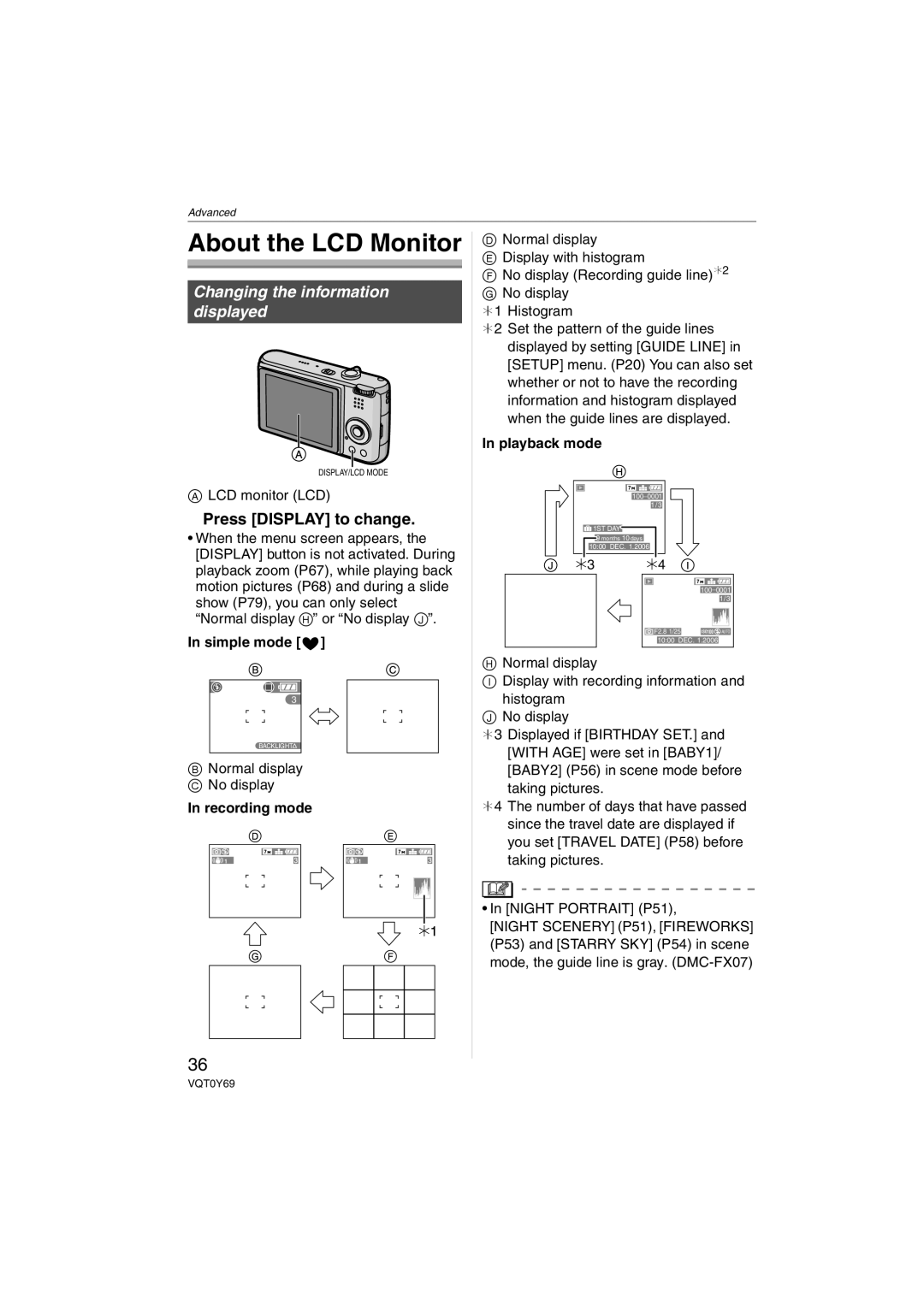 Panasonic VQT0Y69 About the LCD Monitor, Press Display to change, Simple mode, Recording mode, Playback mode 