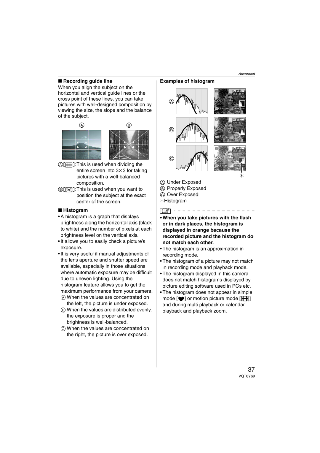 Panasonic VQT0Y69 operating instructions Recording guide line, Histogram, Examples of histogram 