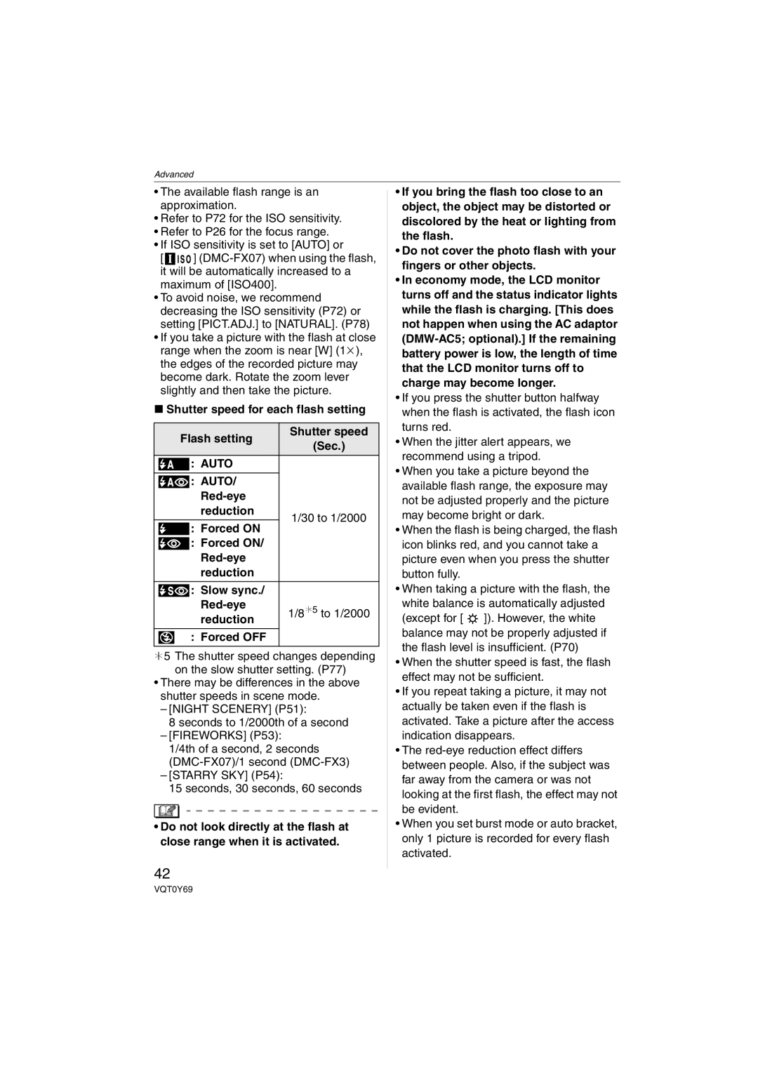 Panasonic VQT0Y69 operating instructions Shutter speed for each flash setting Flash setting, Red-eye Reduction 