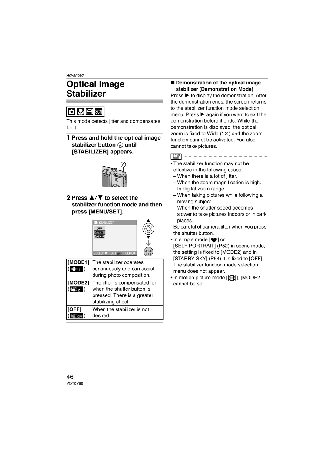 Panasonic VQT0Y69 operating instructions Optical Image Stabilizer, This mode detects jitter and compensates for it 