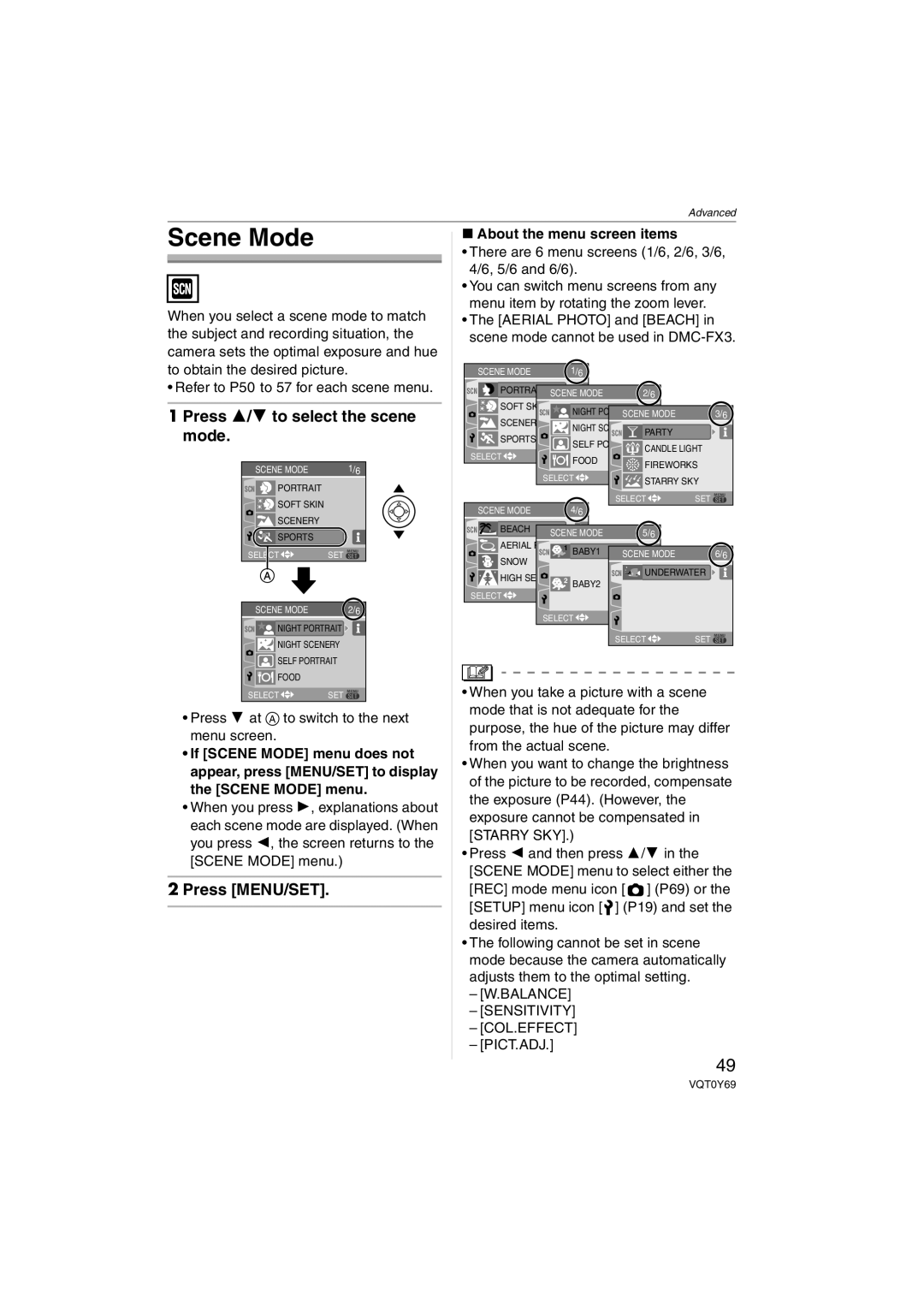 Panasonic VQT0Y69 Scene Mode, Press 3/4 to select the scene mode, There are 6 menu screens 1/6, 2/6, 3/6, 4/6, 5/6 and 6/6 