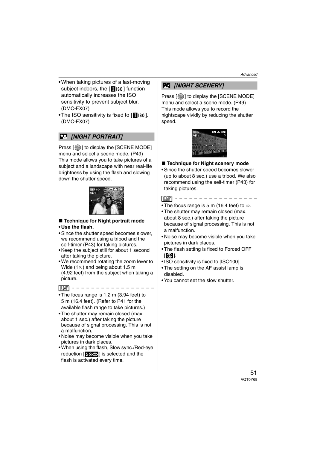 Panasonic VQT0Y69 operating instructions Technique for Night portrait mode Use the flash, Technique for Night scenery mode 