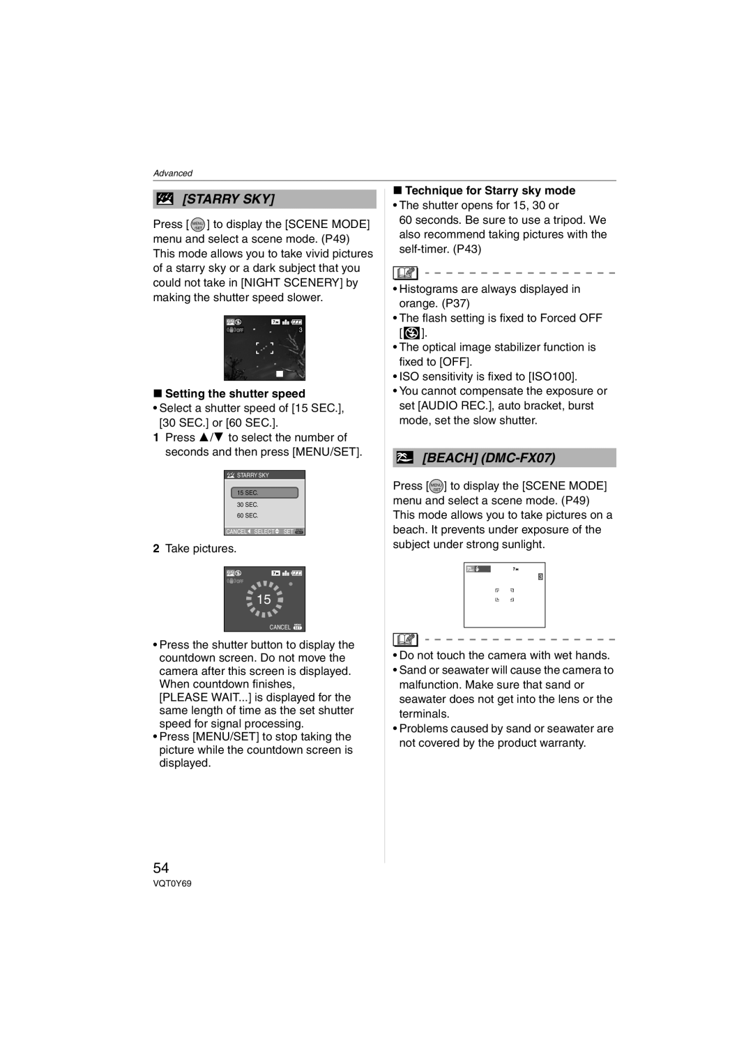 Panasonic VQT0Y69 operating instructions Setting the shutter speed, Take pictures, Technique for Starry sky mode 