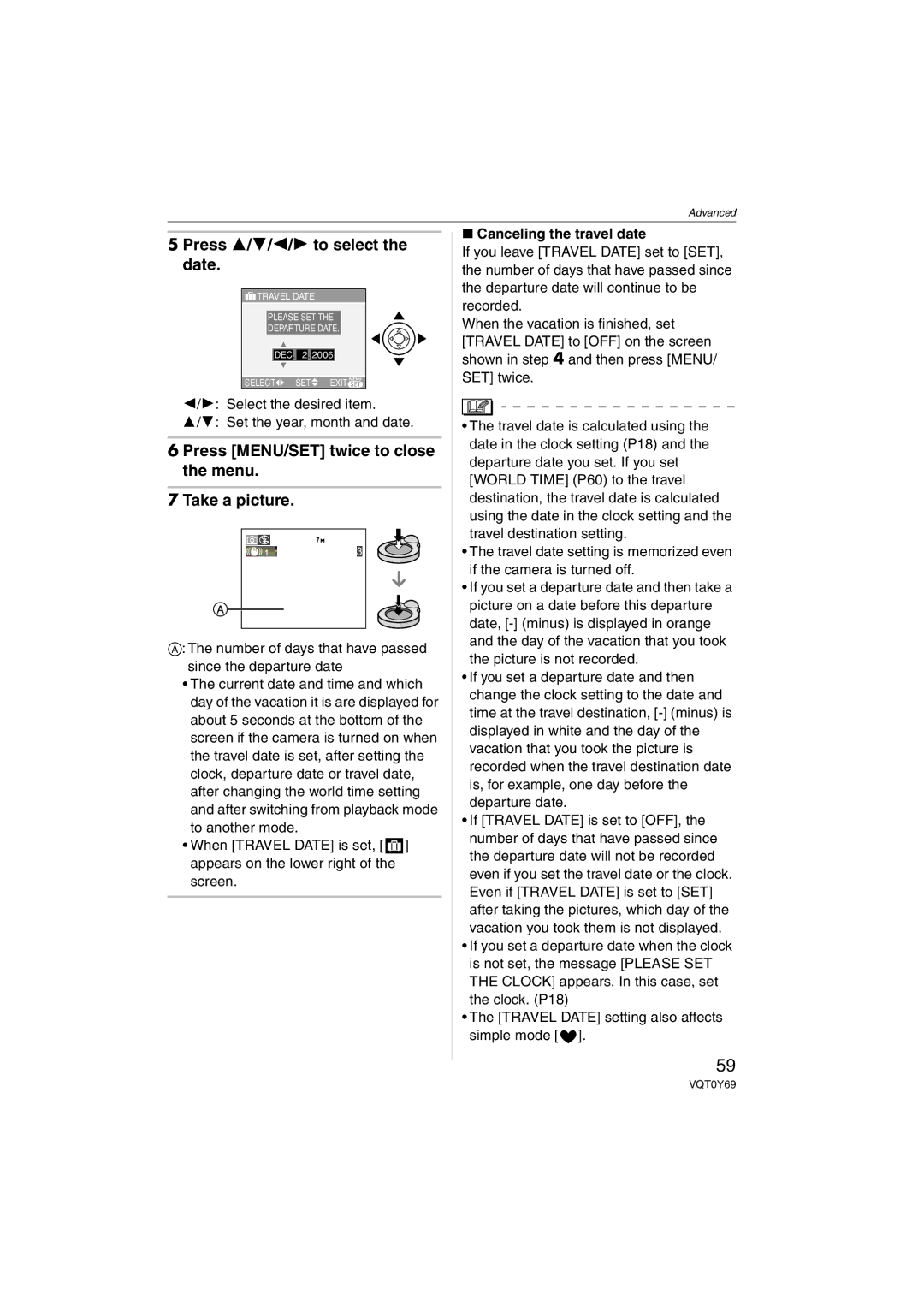 Panasonic VQT0Y69 Press 3/4/2/1 to select the date, Press MENU/SET twice to close the menu Take a picture 