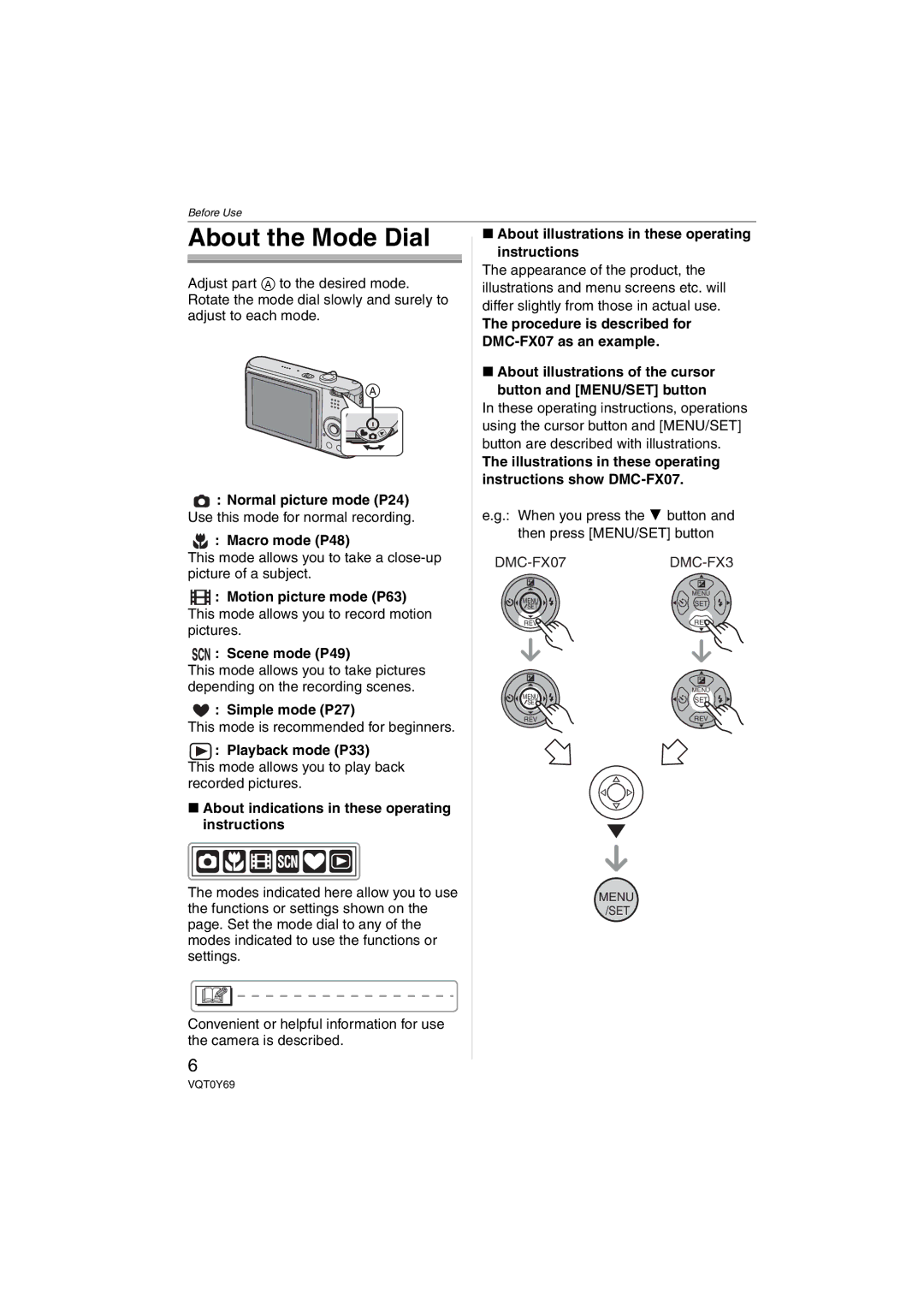 Panasonic VQT0Y69 operating instructions About the Mode Dial 