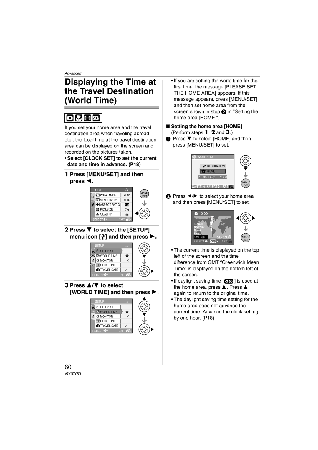 Panasonic VQT0Y69 Displaying the Time at Travel Destination World Time, Press 3/4 to select World Time and then press 
