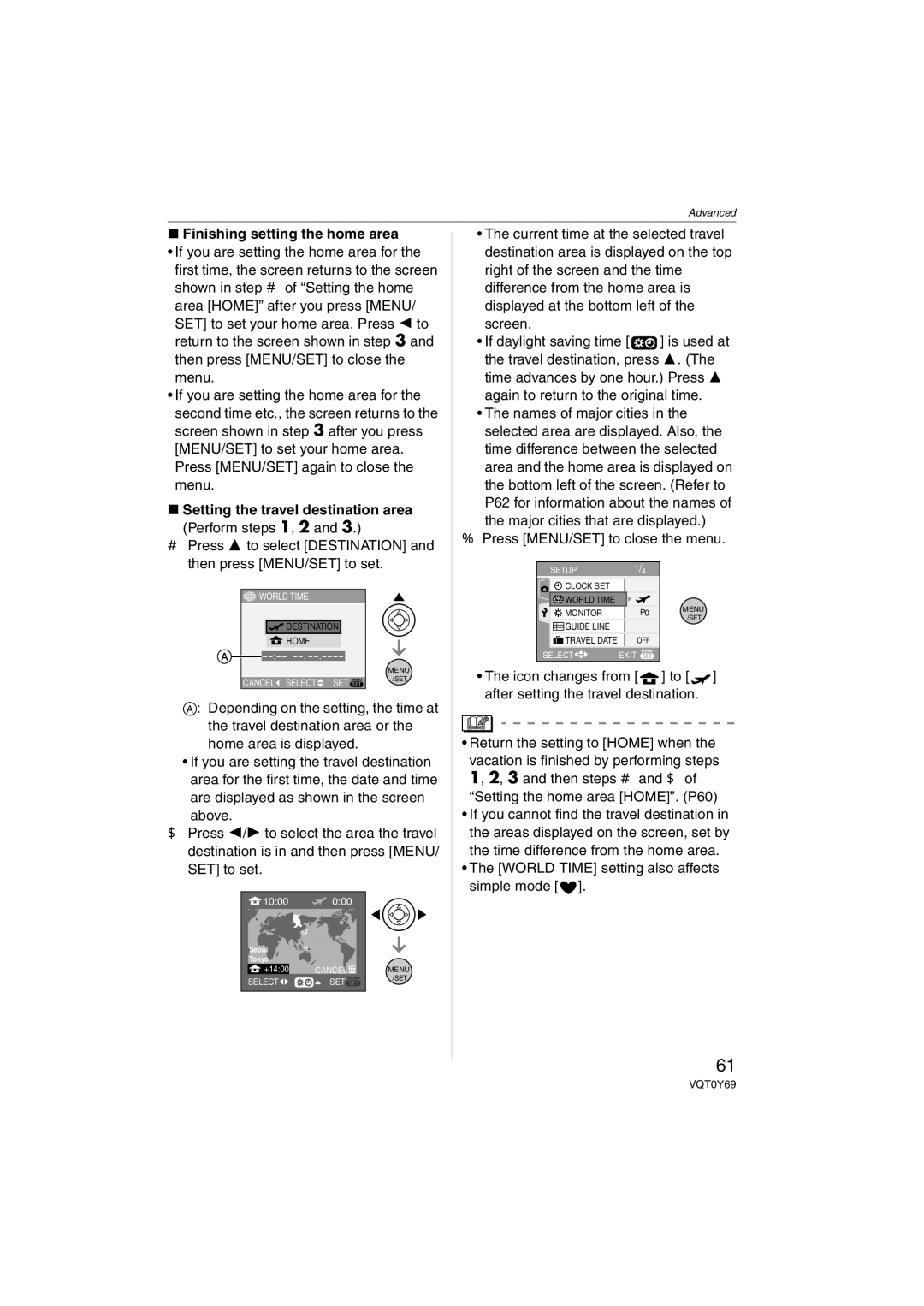 Panasonic VQT0Y69 operating instructions Finishing setting the home area, Setting the travel destination area 