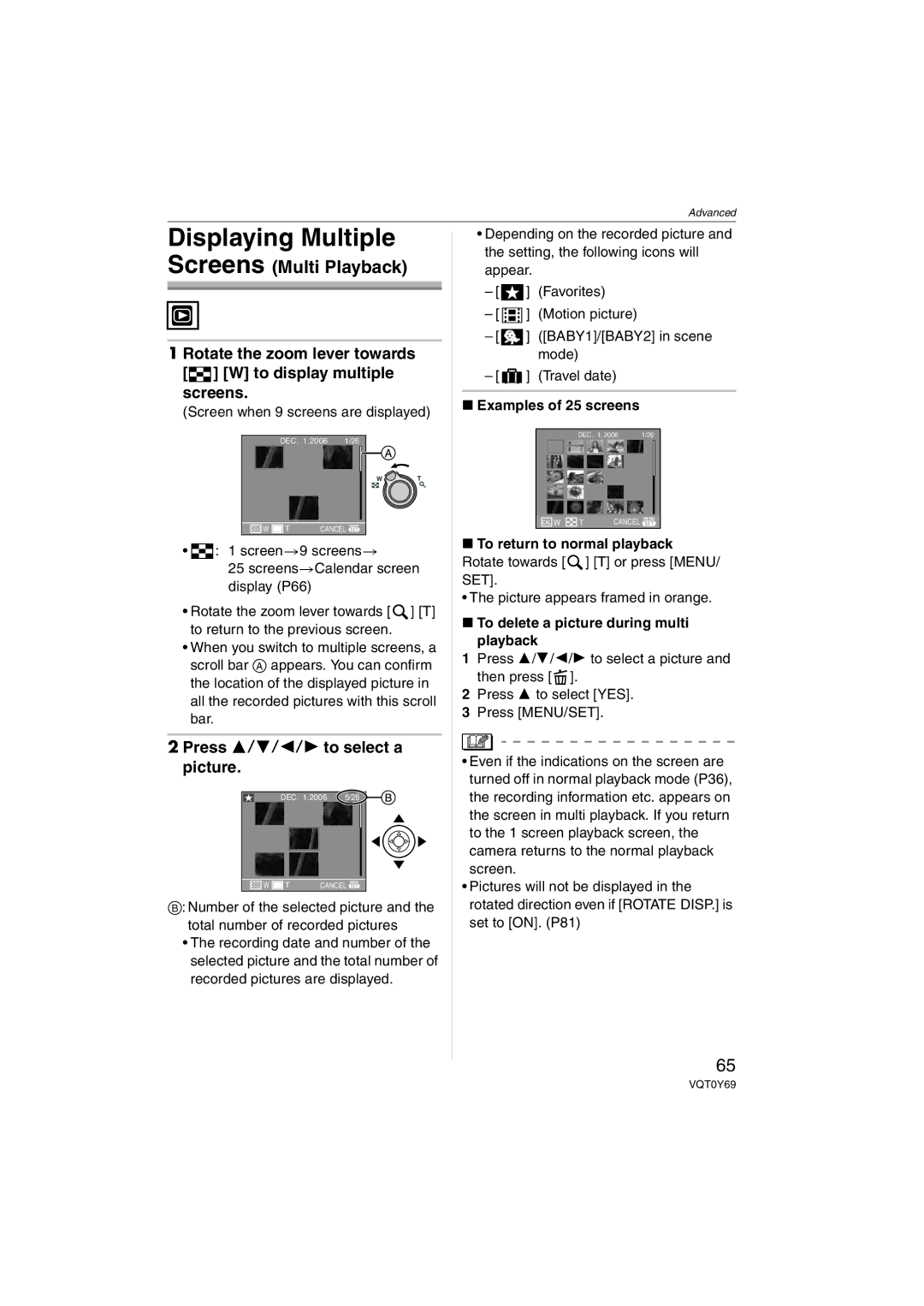 Panasonic VQT0Y69 operating instructions Displaying Multiple, Rotate the zoom lever towards W to display multiple screens 