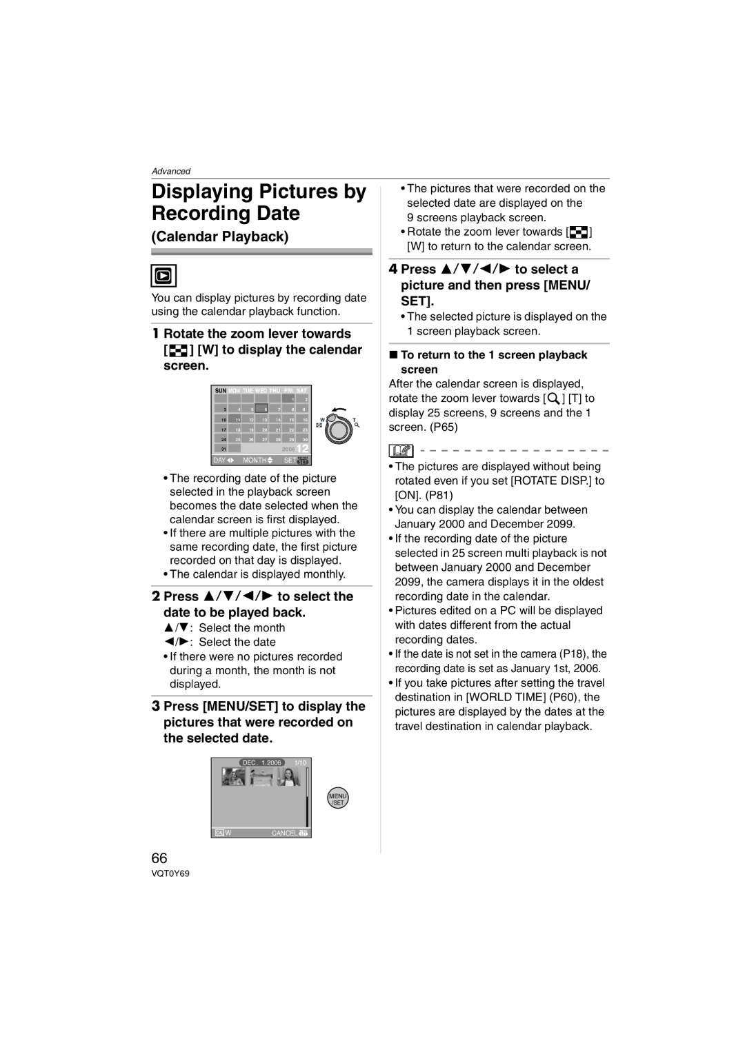 Panasonic VQT0Y69 Displaying Pictures by Recording Date, Press 3/4/2/1 to select a picture and then press MENU/ SET 