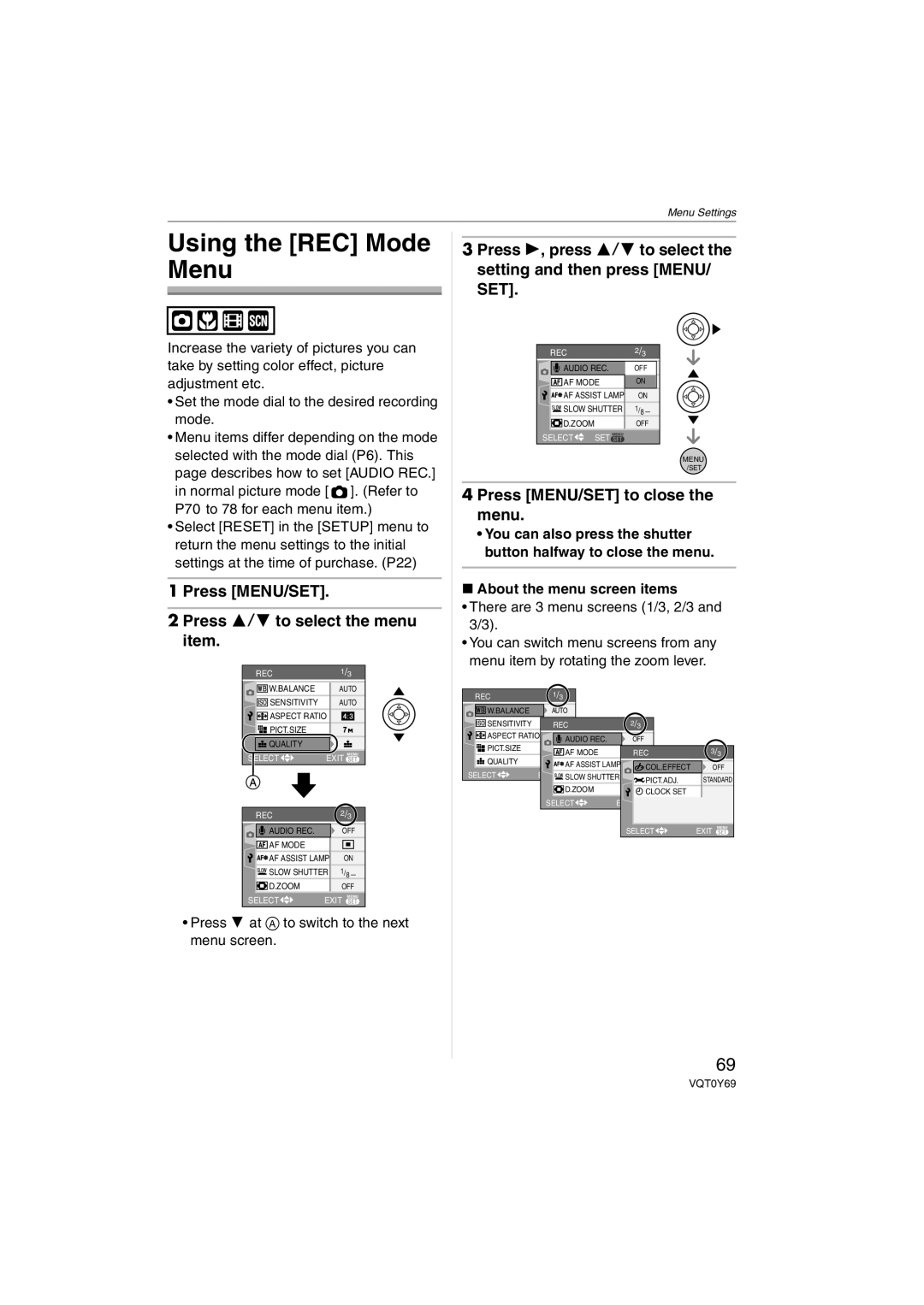 Panasonic VQT0Y69 operating instructions Using the REC Mode Menu, Press MENU/SET Press 3/4 to select the menu item 