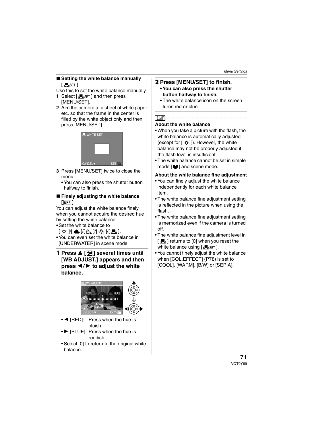 Panasonic VQT0Y69 Setting the white balance manually, Finely adjusting the white balance, About the white balance 