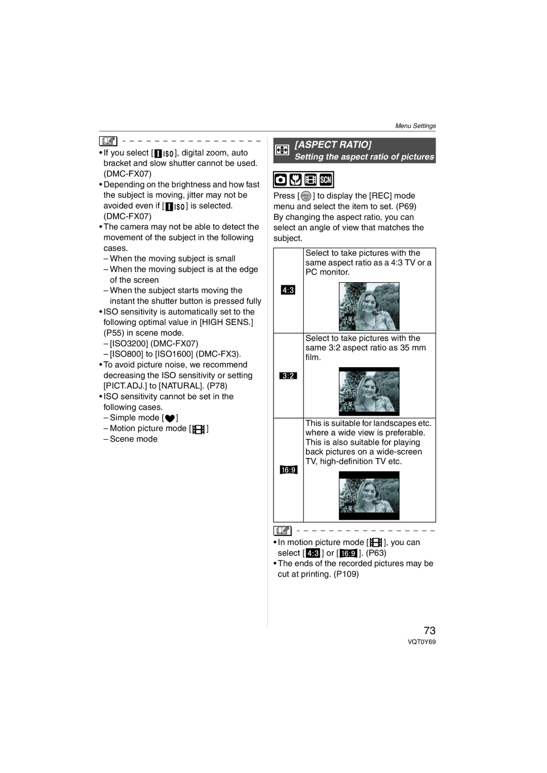 Panasonic VQT0Y69 operating instructions Aspect Ratio, Setting the aspect ratio of pictures 