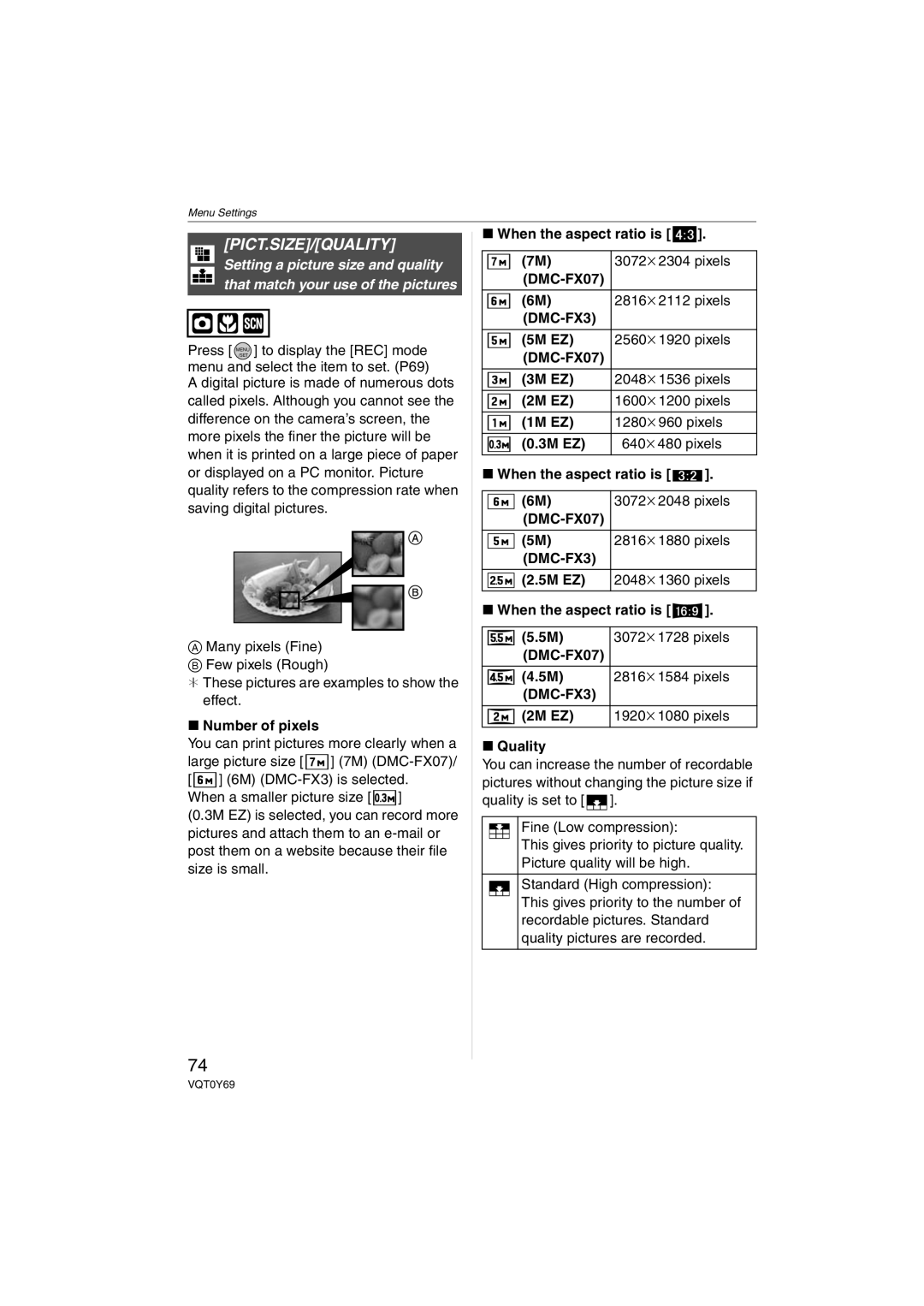 Panasonic VQT0Y69 operating instructions Pict.Size/Quality, DMC-FX3 