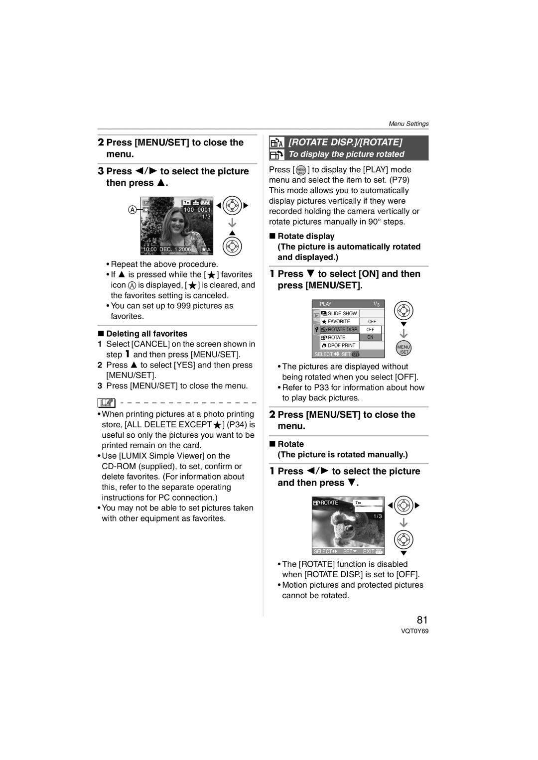 Panasonic VQT0Y69 Rotate DISP./ROTATE, Press 2/1 to select the picture and then press, Deleting all favorites 