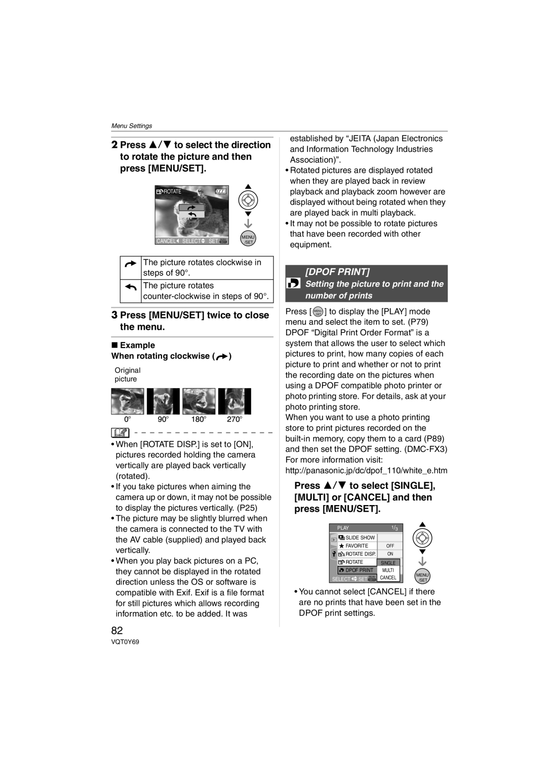 Panasonic VQT0Y69 Press MENU/SET twice to close the menu, Dpof Print, Picture rotates clockwise in steps 