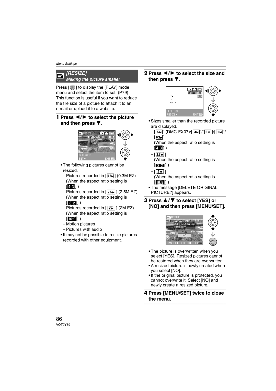 Panasonic VQT0Y69 operating instructions Resize, Press 2/1 to select the size and then press, Making the picture smaller 