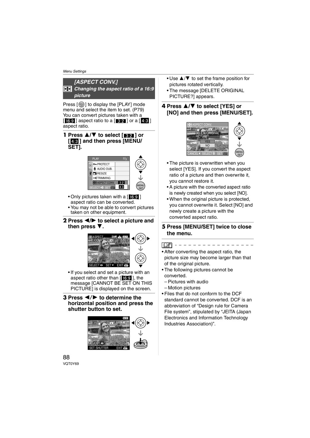 Panasonic VQT0Y69 Aspect Conv, Press 3/4 to select or and then press Menu, Press 2/1 to select a picture and then press 