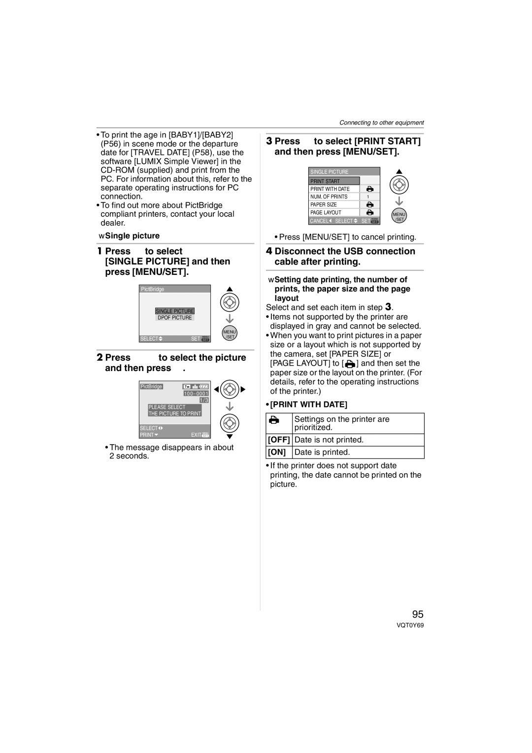 Panasonic VQT0Y69 operating instructions Press 3 to select Single Picture and then press MENU/SET, Print with Date, Off 