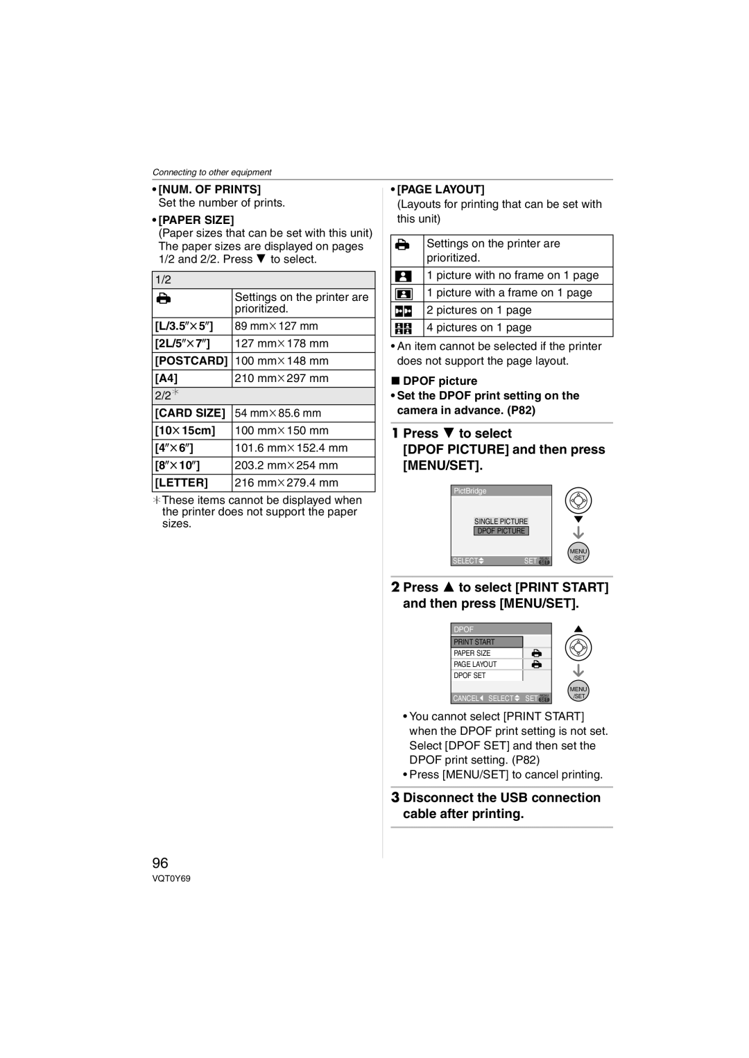 Panasonic VQT0Y69 operating instructions Press 4 to select Dpof Picture and then press MENU/SET 