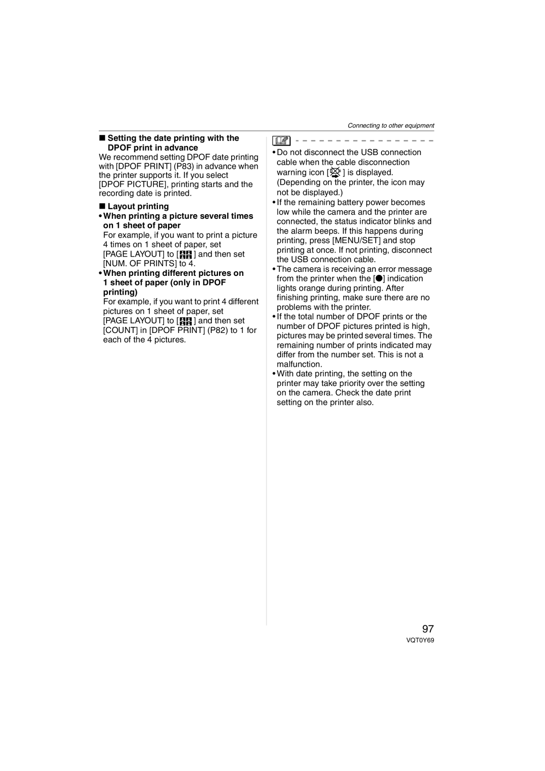 Panasonic VQT0Y69 operating instructions Setting the date printing with the Dpof print in advance 