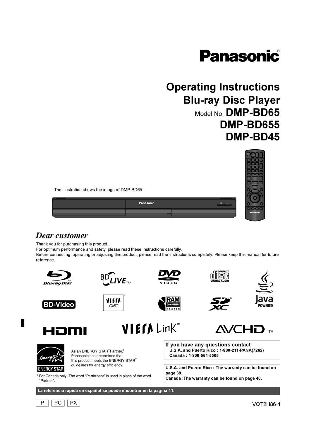 Panasonic DMP-BD45, VQT2H86-1, DMP-BD655 operating instructions Model No. DMP-BD65, If you have any questions contact 