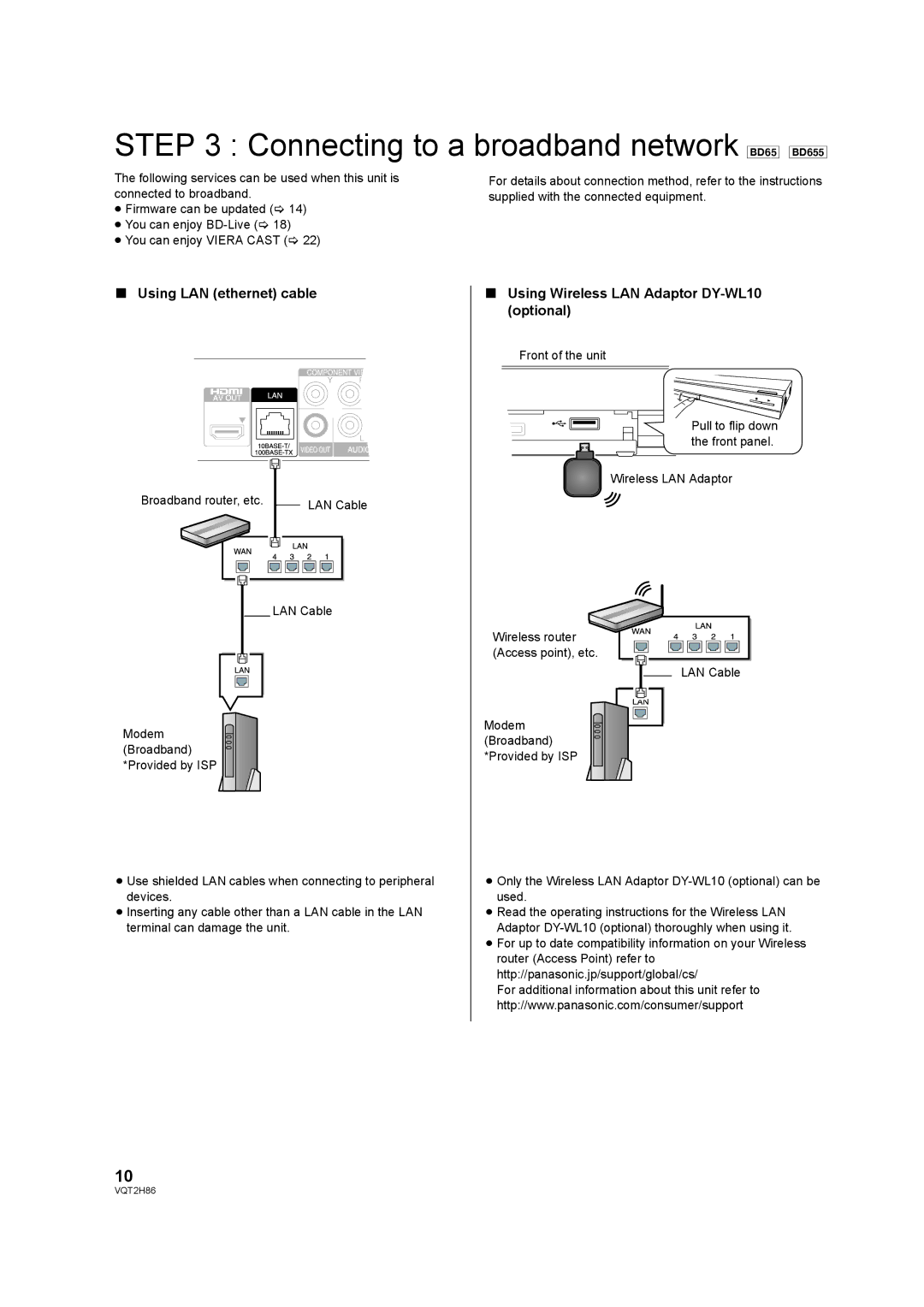 Panasonic DMP-BD655, VQT2H86-1, DMP-BD45 Connecting to a broadband network BD65 BD655, Using LAN ethernet cable 