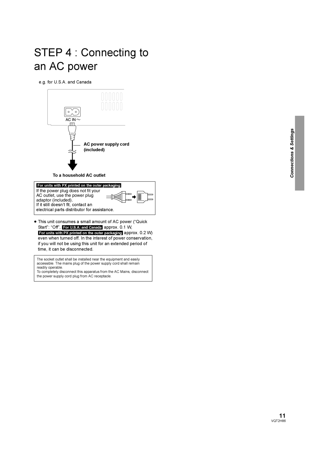 Panasonic VQT2H86-1, DMP-BD45, DMP-BD655 operating instructions Connecting to an AC power, For U.S.A. and Canada 