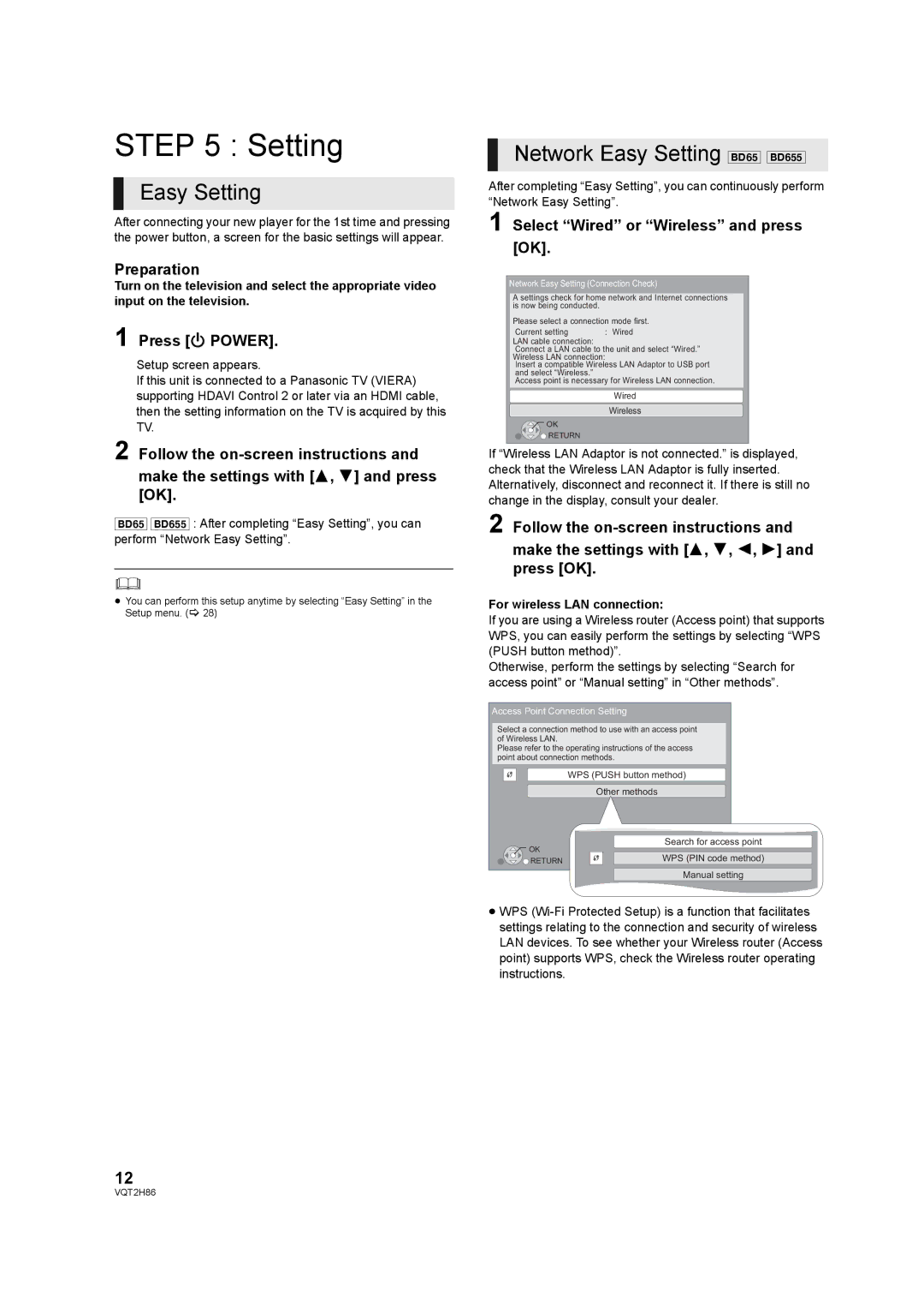 Panasonic VQT2H86-1, DMP-BD45, DMP-BD655 operating instructions Network Easy Setting BD65 BD655 