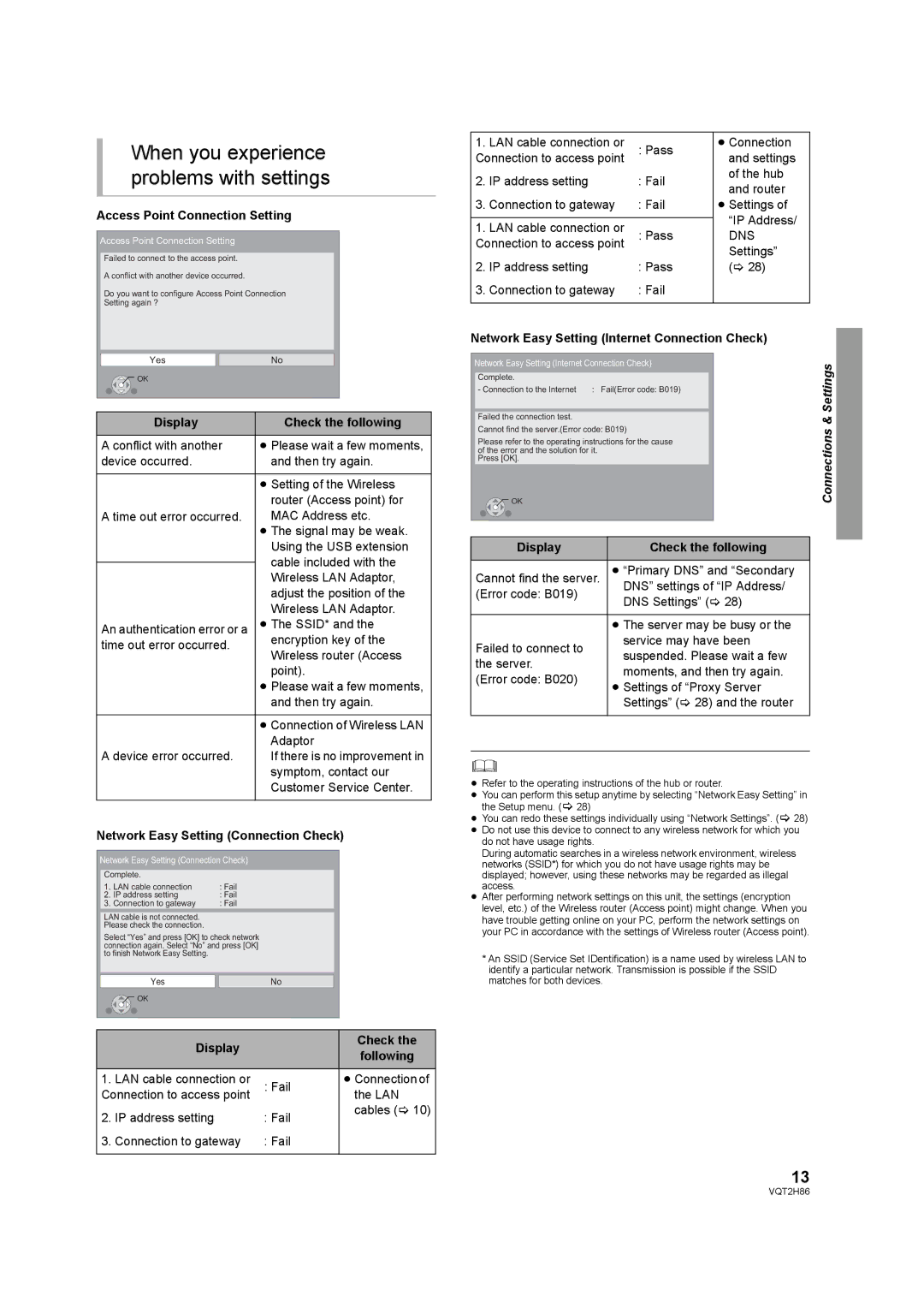 Panasonic DMP-BD45, VQT2H86-1, DMP-BD655 operating instructions When you experience problems with settings 