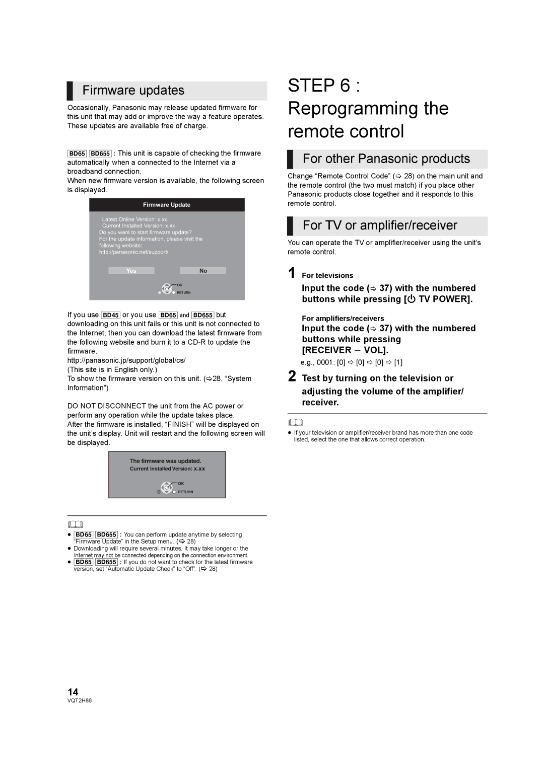 Panasonic DMP-BD655, VQT2H86-1, DMP-BD45 Reprogramming the remote control, Firmware updates, For other Panasonic products 