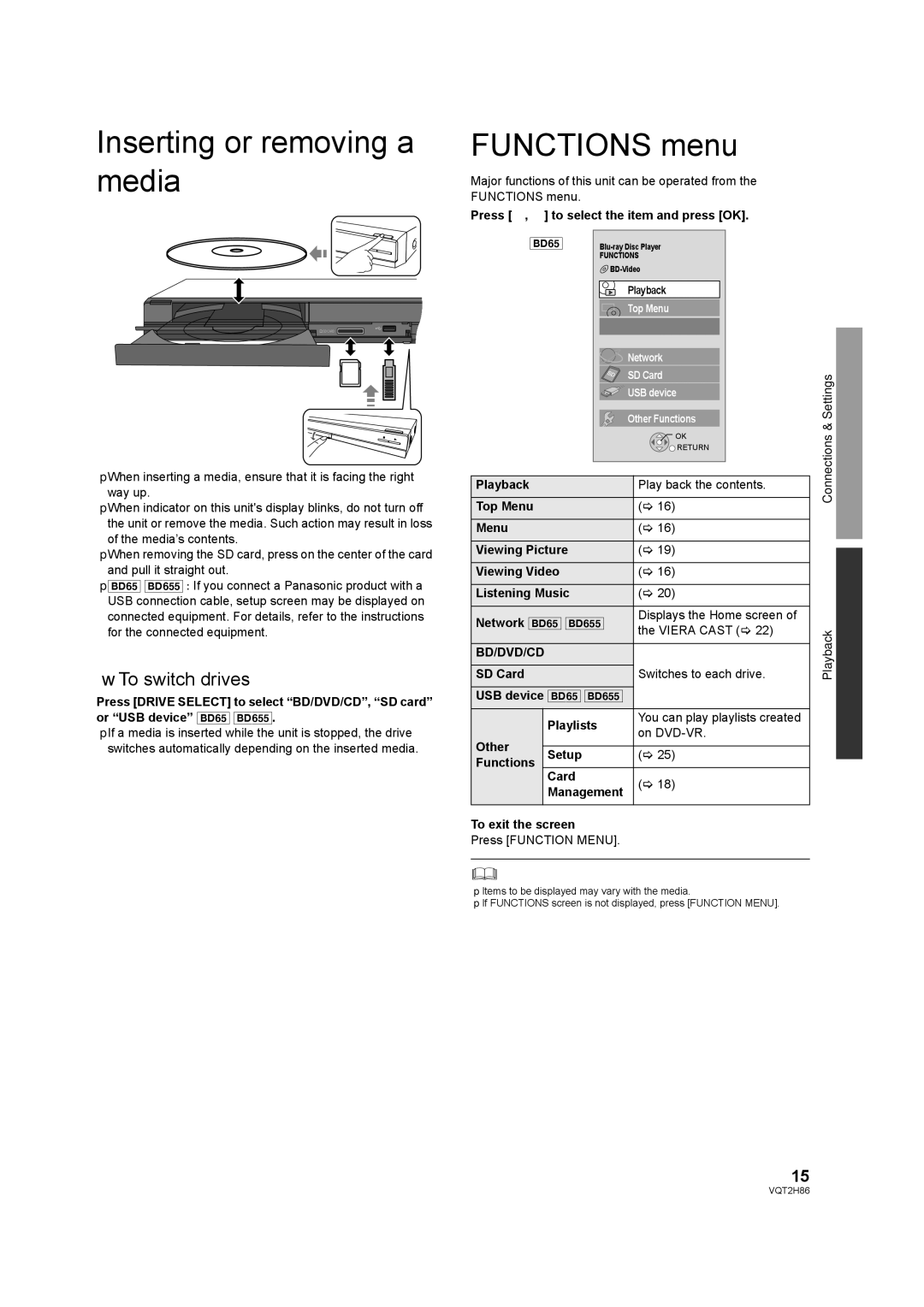 Panasonic DMP-BD65, VQT2H86-1, DMP-BD45 Inserting or removing a media, Functions menu, To switch drives, Bd/Dvd/Cd 