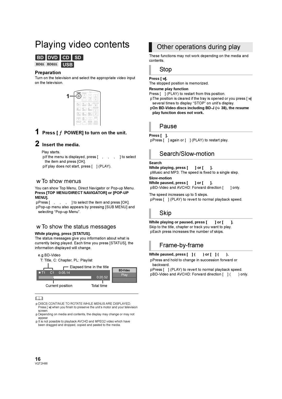 Panasonic VQT2H86-1, DMP-BD45, DMP-BD655 operating instructions Playing video contents 