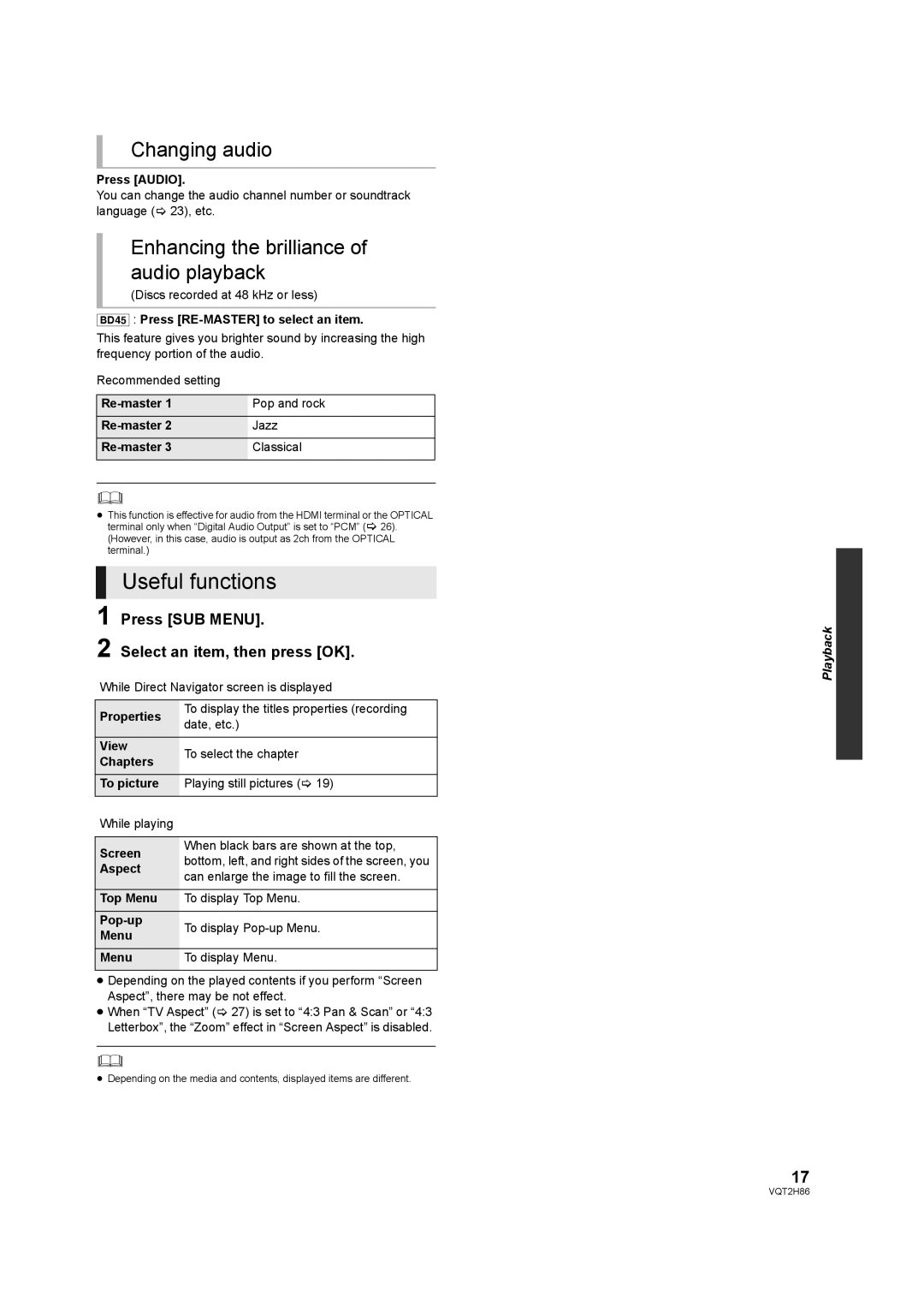 Panasonic DMP-BD45, VQT2H86-1, DMP-BD655 Useful functions, Changing audio, Enhancing the brilliance of audio playback 