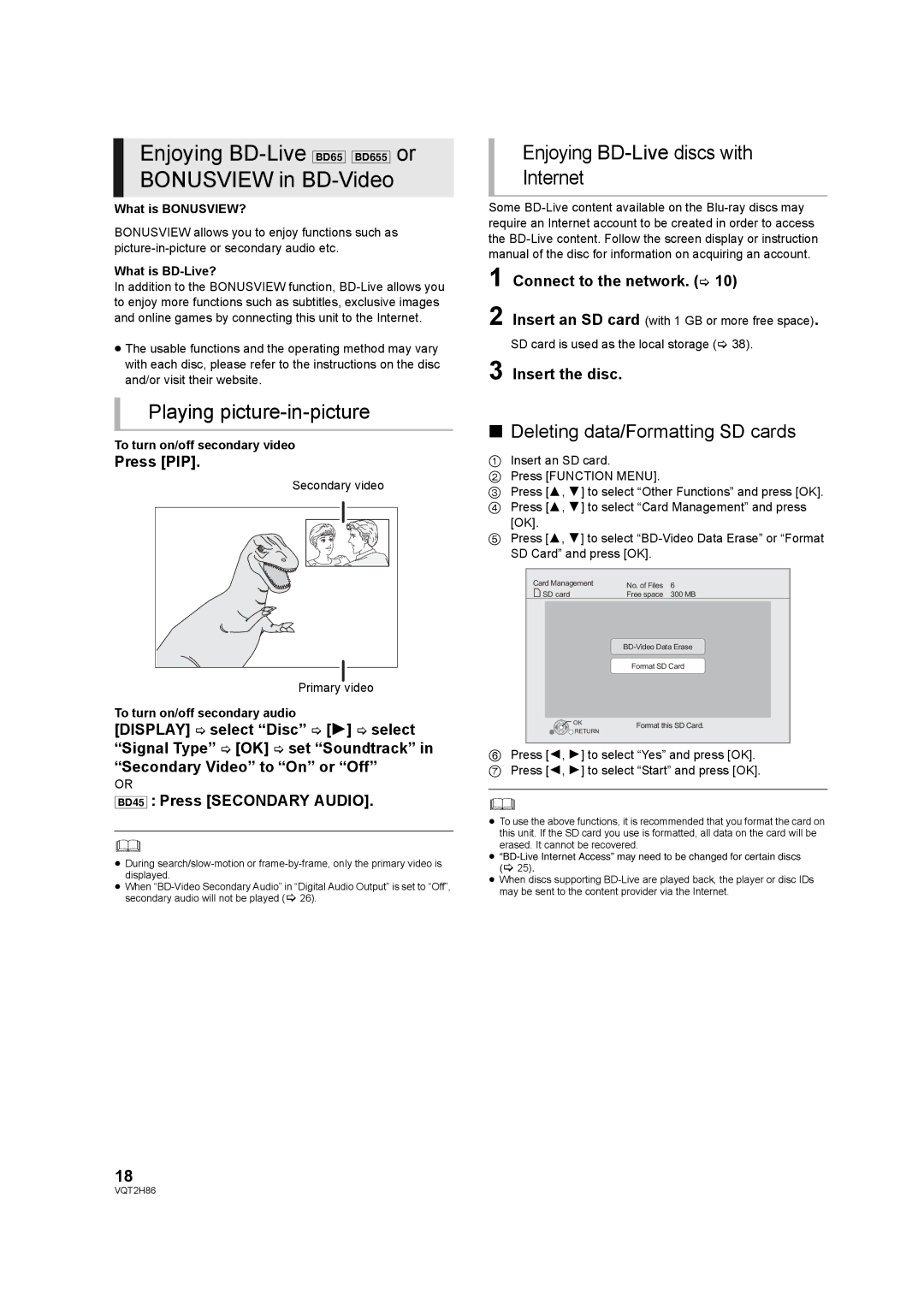 Panasonic DMP-BD655 Playing picture-in-picture, Enjoying BD-Live discs with Internet, Deleting data/Formatting SD cards 