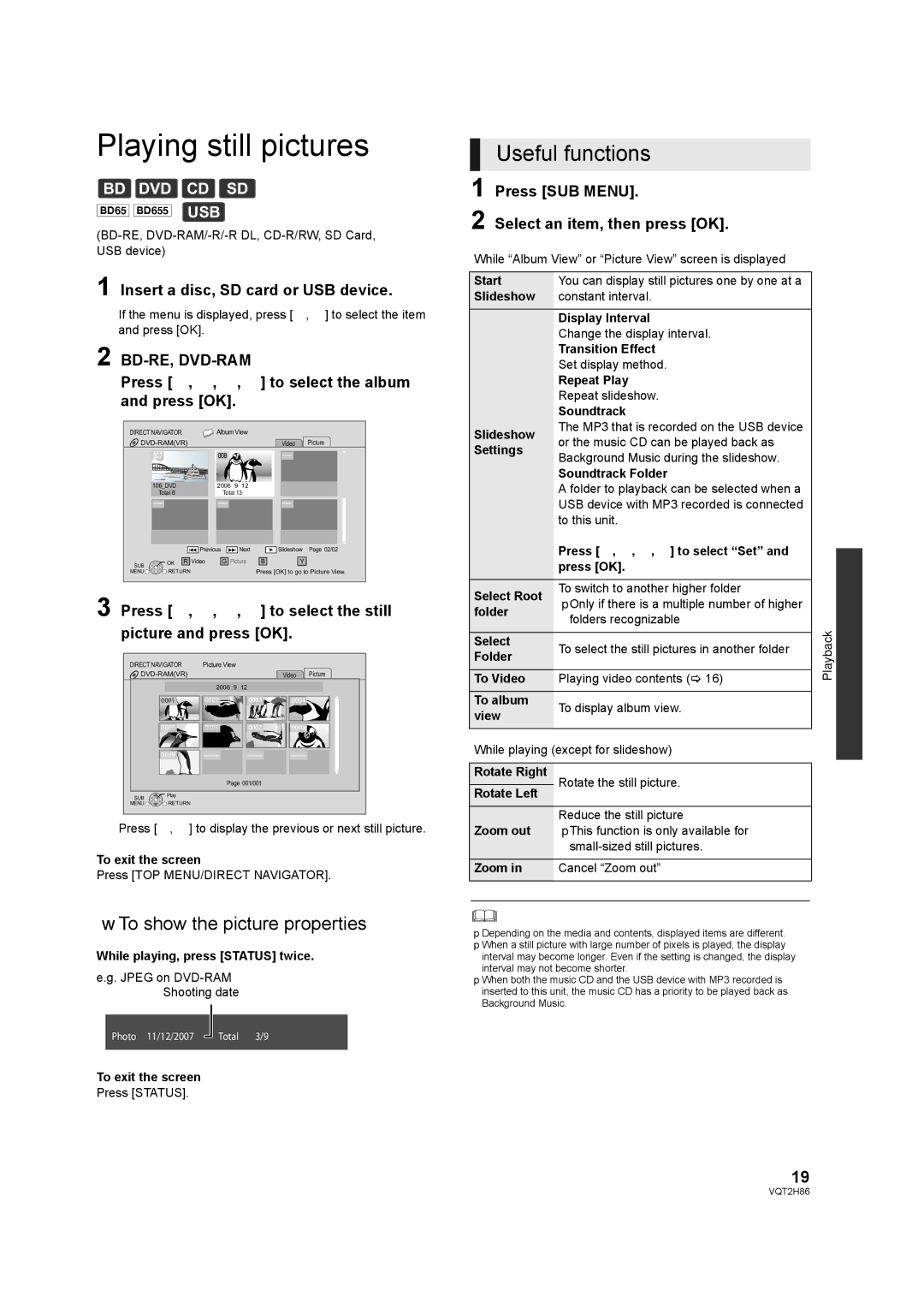 Panasonic DMP-BD65, VQT2H86-1 Playing still pictures, To show the picture properties, Insert a disc, SD card or USB device 