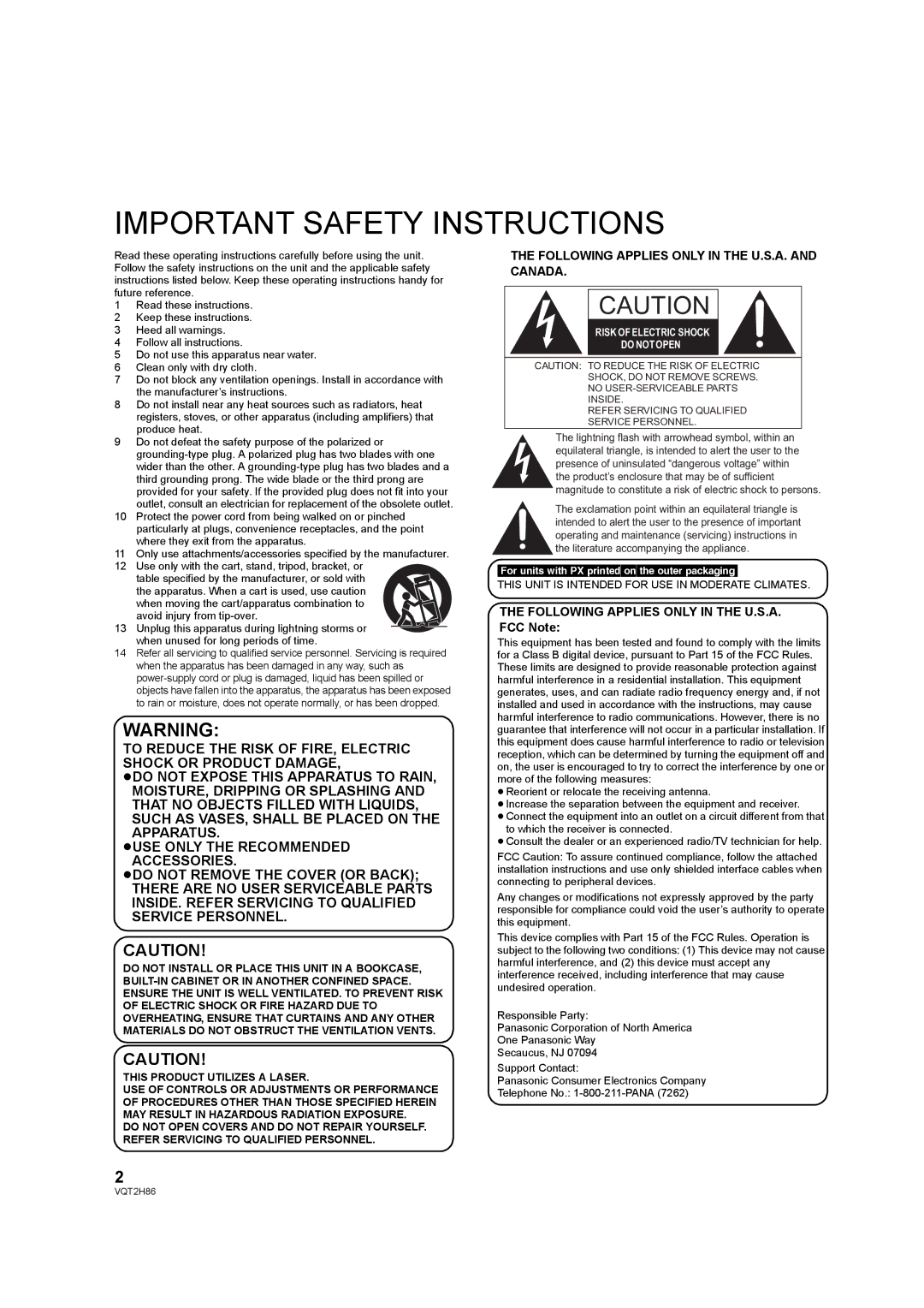 Panasonic DMP-BD655, VQT2H86-1 Following Applies only in the U.S.A. and Canada, ForunitswithPXprintedontheouterpackaging 