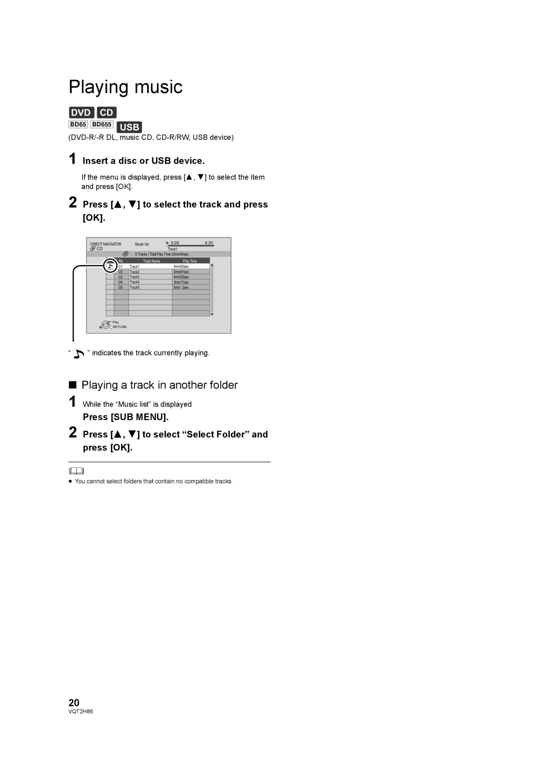 Panasonic VQT2H86-1, DMP-BD45, DMP-BD655 Playing music, Playing a track in another folder, Insert a disc or USB device 