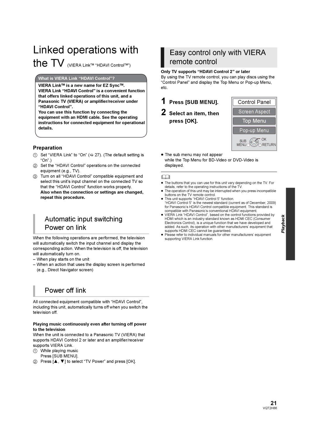 Panasonic DMP-BD45, VQT2H86-1, DMP-BD65 Linked operations with, Easy control only with Viera remote control, Power off link 