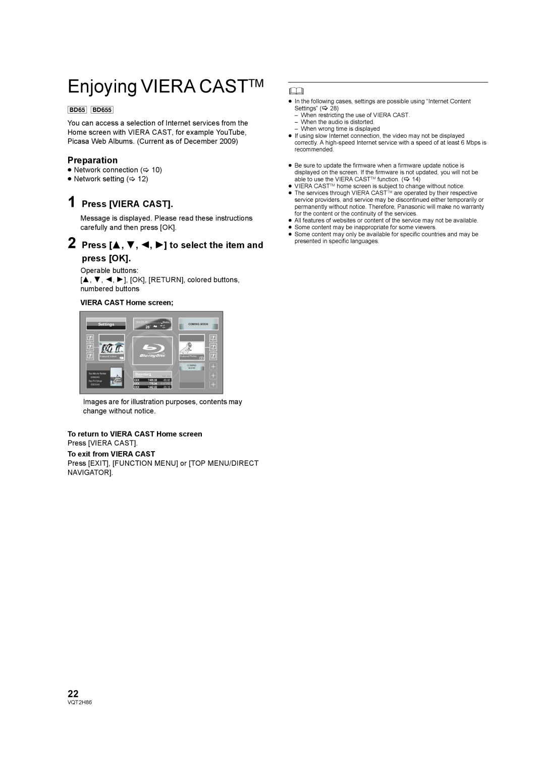 Panasonic DMP-BD655, VQT2H86-1 Enjoying Viera Casttm, Press Viera Cast, Press 3, 4, 2, 1 to select the item and press OK 