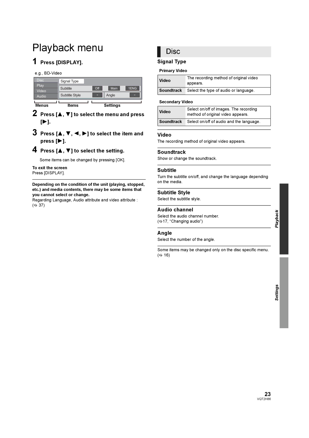 Panasonic VQT2H86-1, DMP-BD45, DMP-BD655 operating instructions Playback menu, Disc 