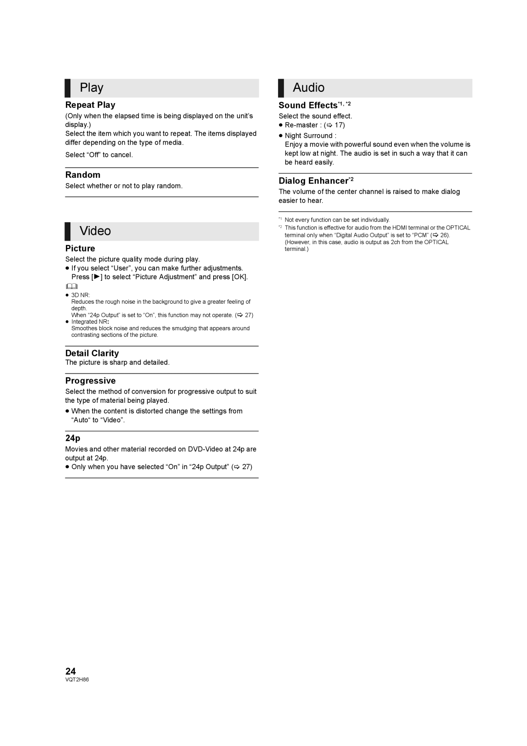 Panasonic VQT2H86-1, DMP-BD45, DMP-BD655 operating instructions Play, Video, Audio 