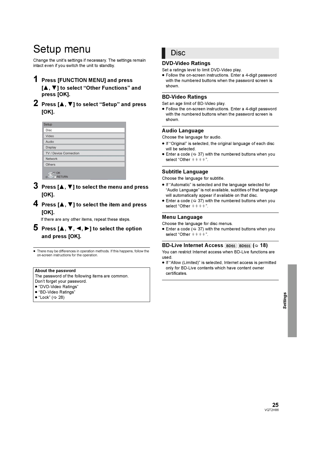 Panasonic DMP-BD45, VQT2H86-1, DMP-BD655 operating instructions Setup menu 