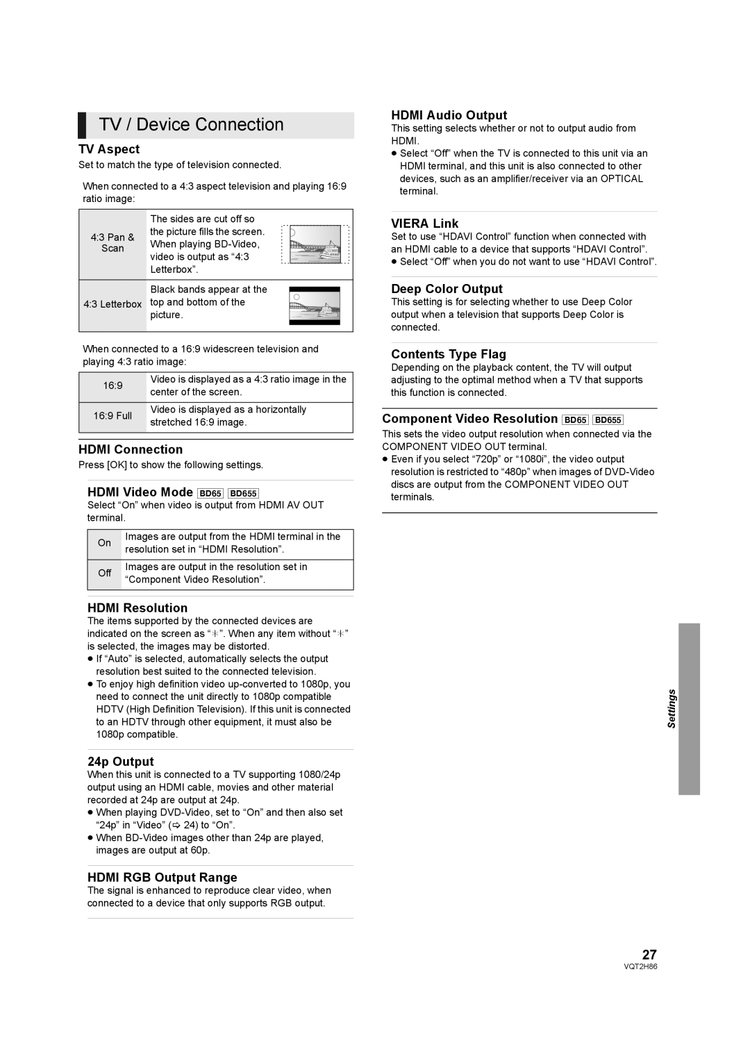 Panasonic VQT2H86-1, DMP-BD45, DMP-BD655 operating instructions TV / Device Connection 