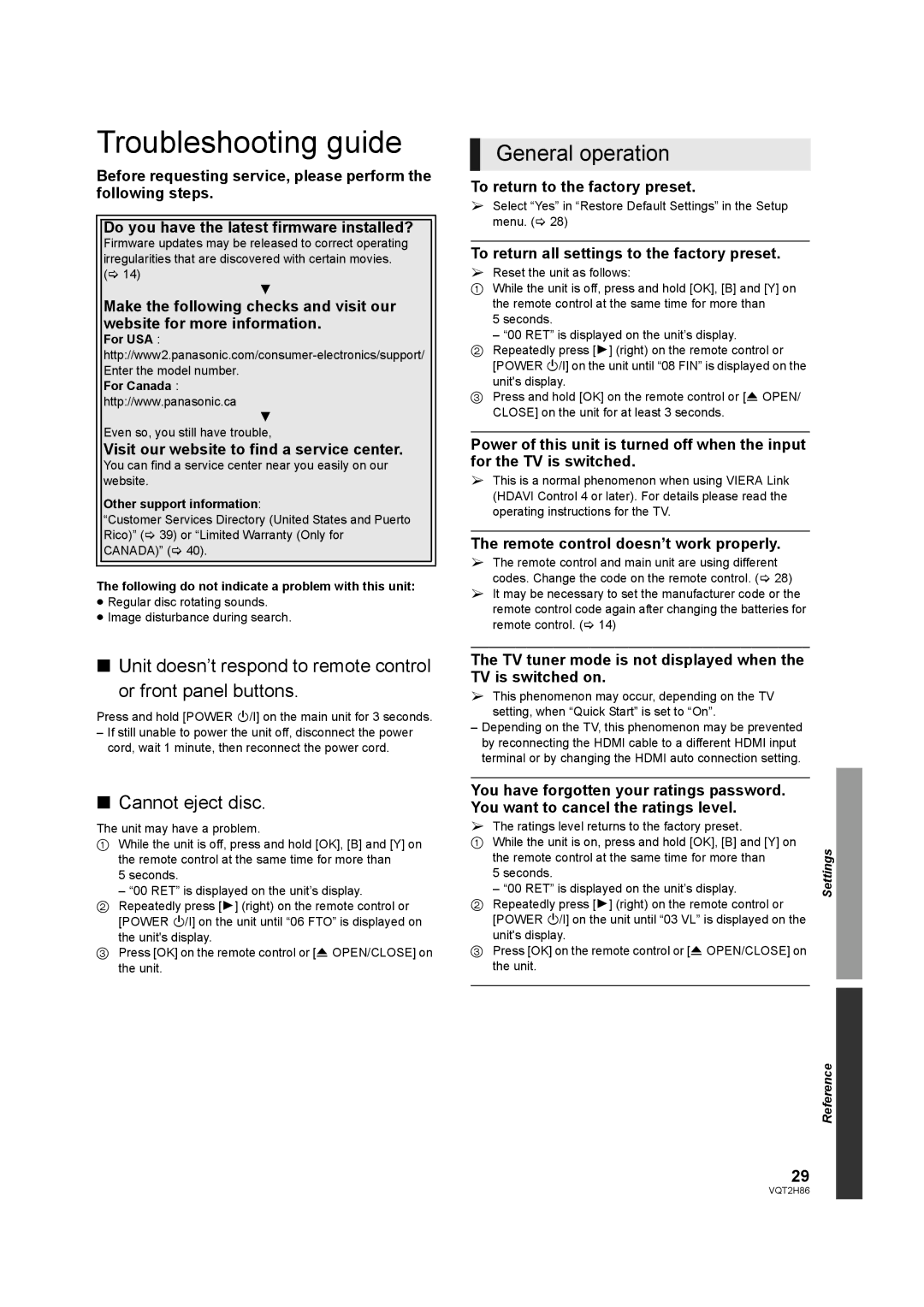 Panasonic DMP-BD45, VQT2H86-1, DMP-BD655 operating instructions Troubleshooting guide, General operation, Cannot eject disc 