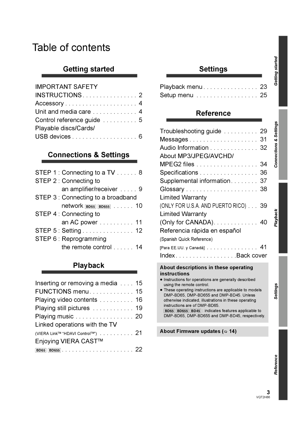 Panasonic VQT2H86-1, DMP-BD45, DMP-BD655 operating instructions Table of contents 