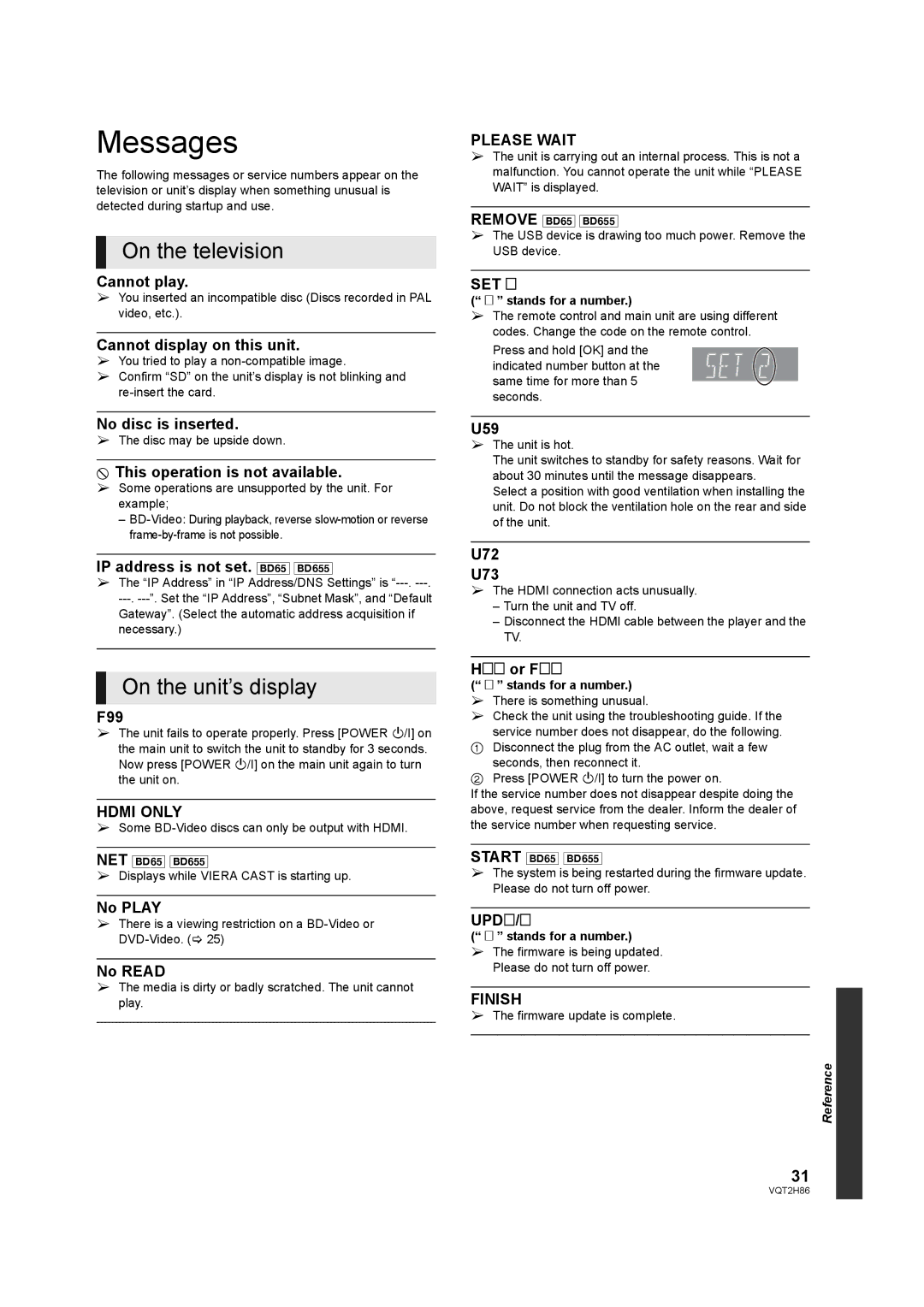 Panasonic VQT2H86-1, DMP-BD45, DMP-BD655 operating instructions Messages, On the television, On the unit’s display 