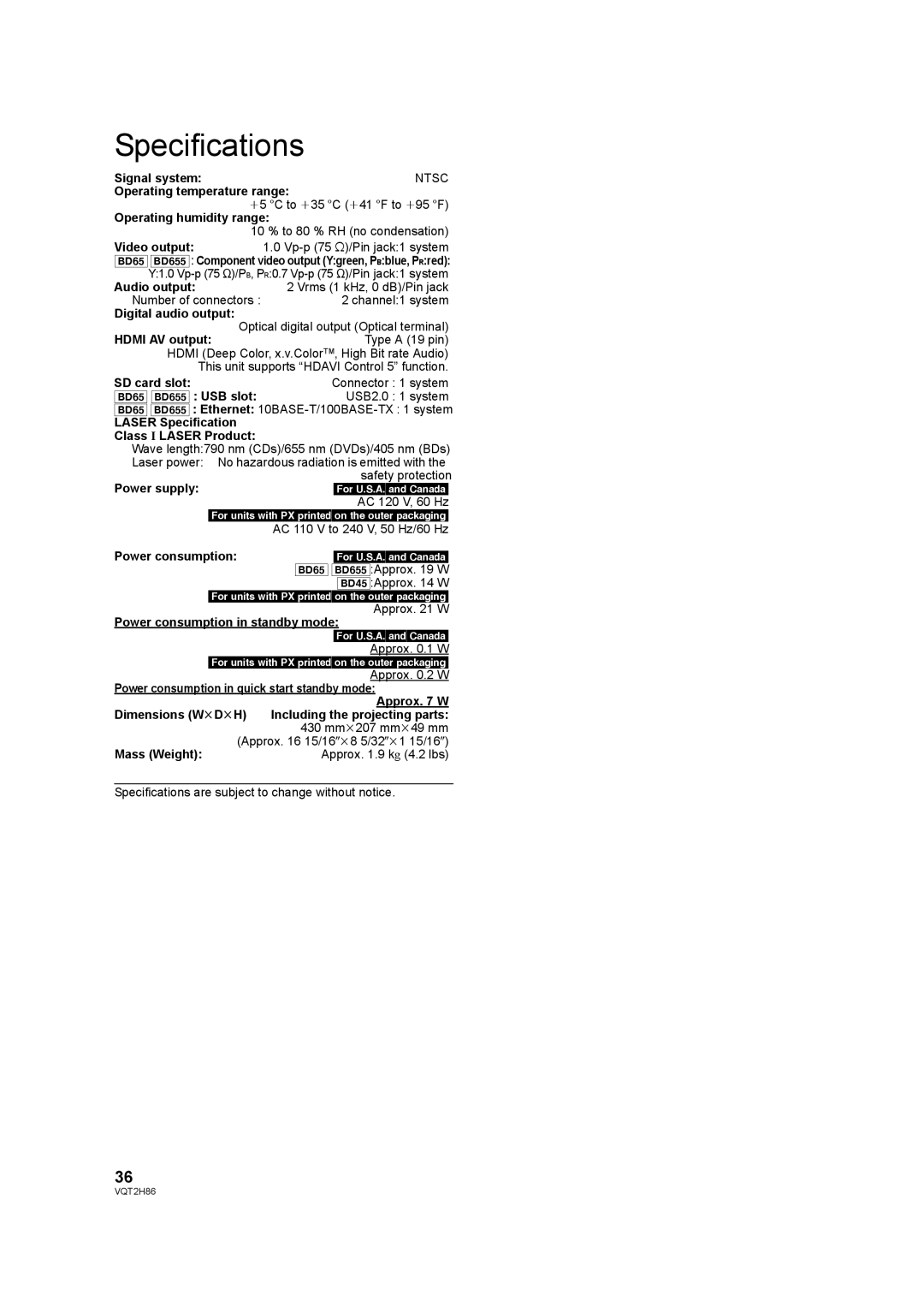 Panasonic VQT2H86-1, DMP-BD45, DMP-BD655 operating instructions Specifications, Ntsc 