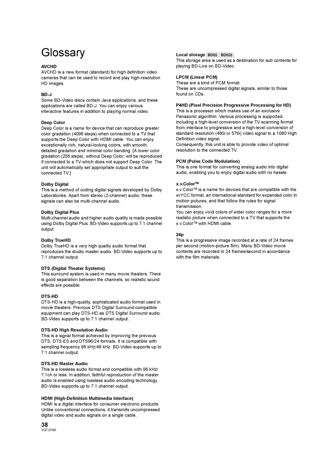 Panasonic DMP-BD655, VQT2H86-1, DMP-BD45 operating instructions Glossary, Avchd, Bd-J, Dts-Hd 