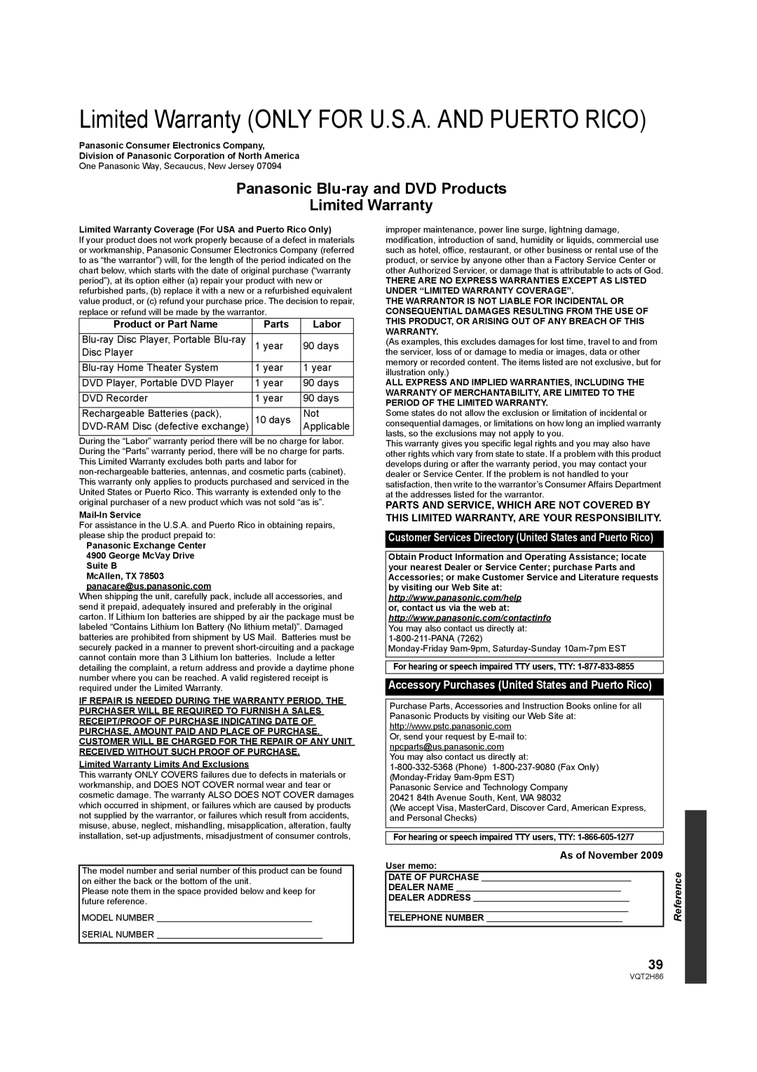 Panasonic DMP-BD65 Product or Part Name Parts Labor, Applicable, Accessory Purchases United States and Puerto Rico 